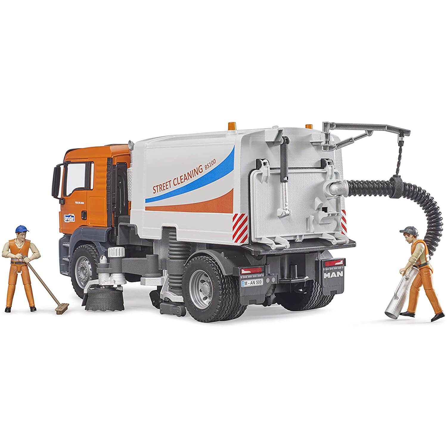 Refuse is down on this rear quarter angle of the Bruder MAN street sweeper. Also features 2 bworld figures (not included).