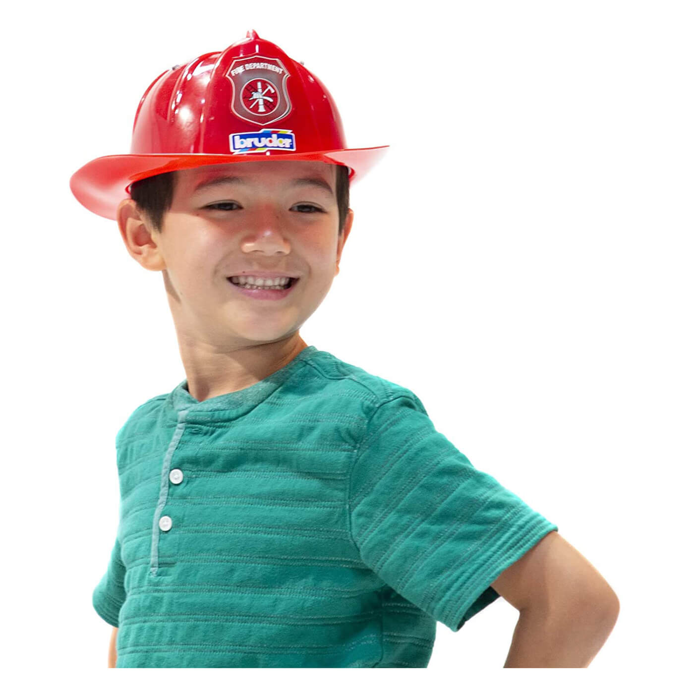 Kid wearing the Bruder Firefighter Hat.