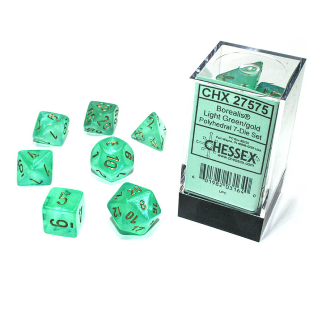 Chessex Light Green and Gold Polyhedral 7 Die Set