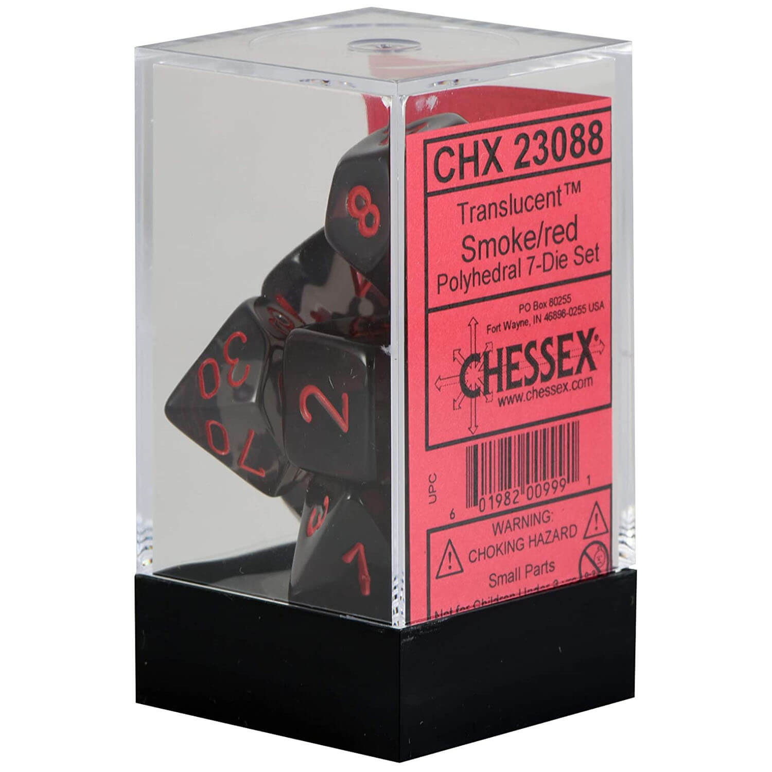 Back view of Chessex Translucent Smoke Red Polyhedral 7-Die Set packaging.