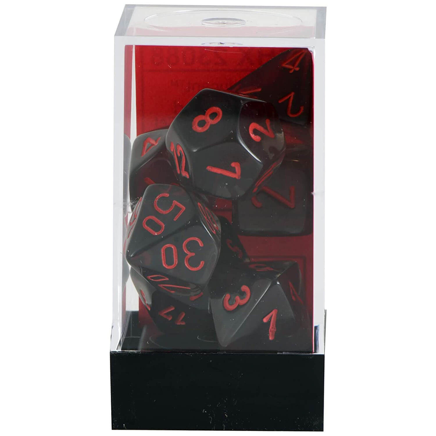 Front view of dice set packaging.