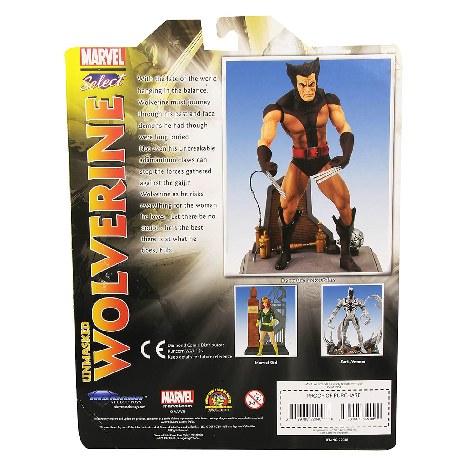 Back view of the Marvel Select Brown Wolverine Figure Unmasked packaging.