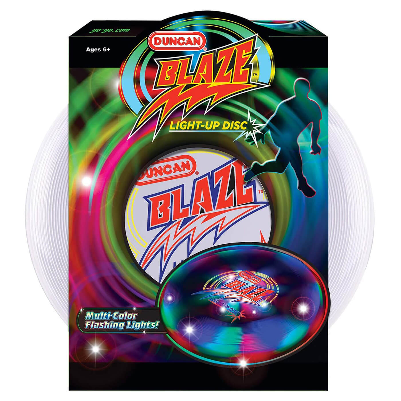 Front view of the Duncan Blaze Light-Up Flying Disc packaging.