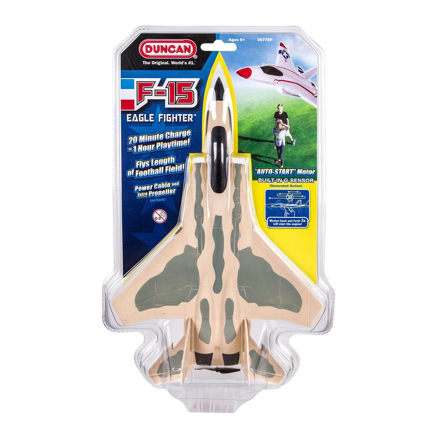 Front view of the Duncan F-15 Eagle Fighter With Power Assist Activity Toy packaging.