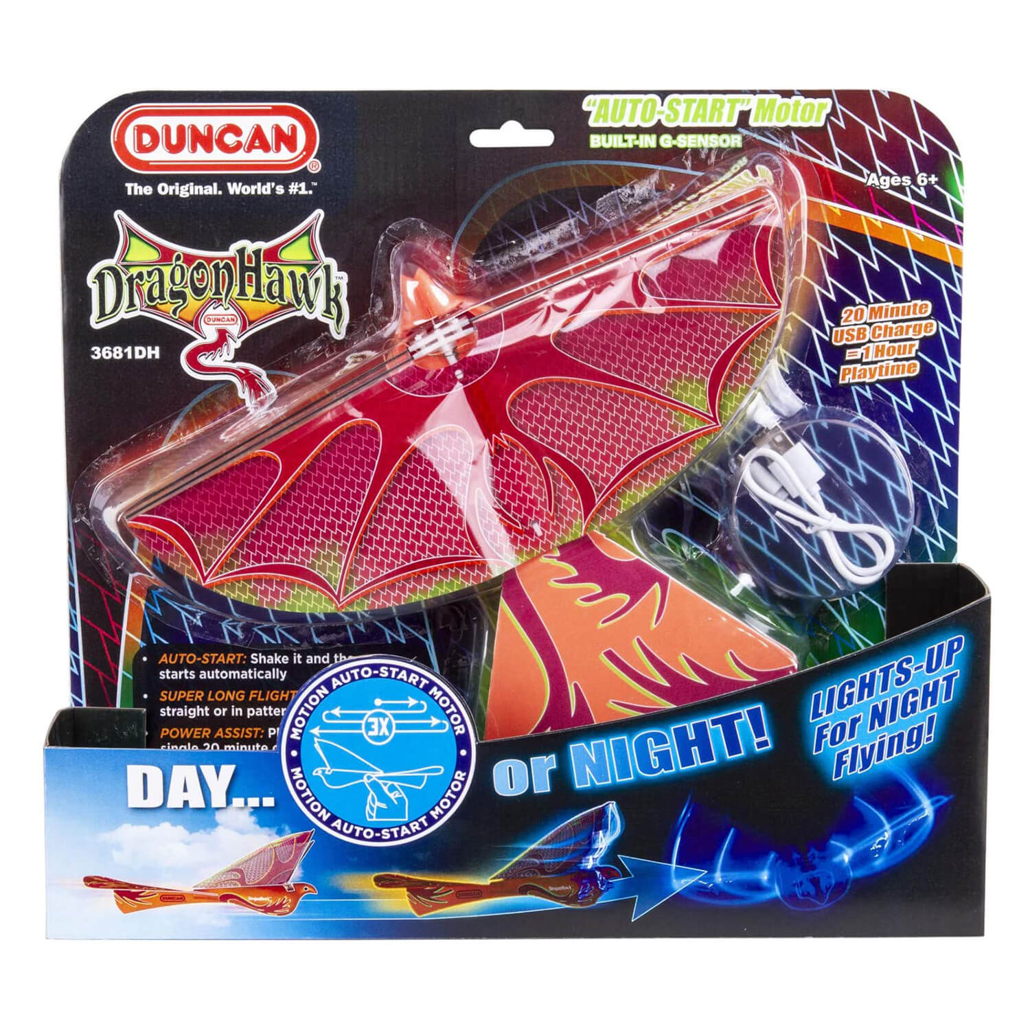 Front view of the Duncan Dragon Hawk Light-Up Bird Activity Toy packaging