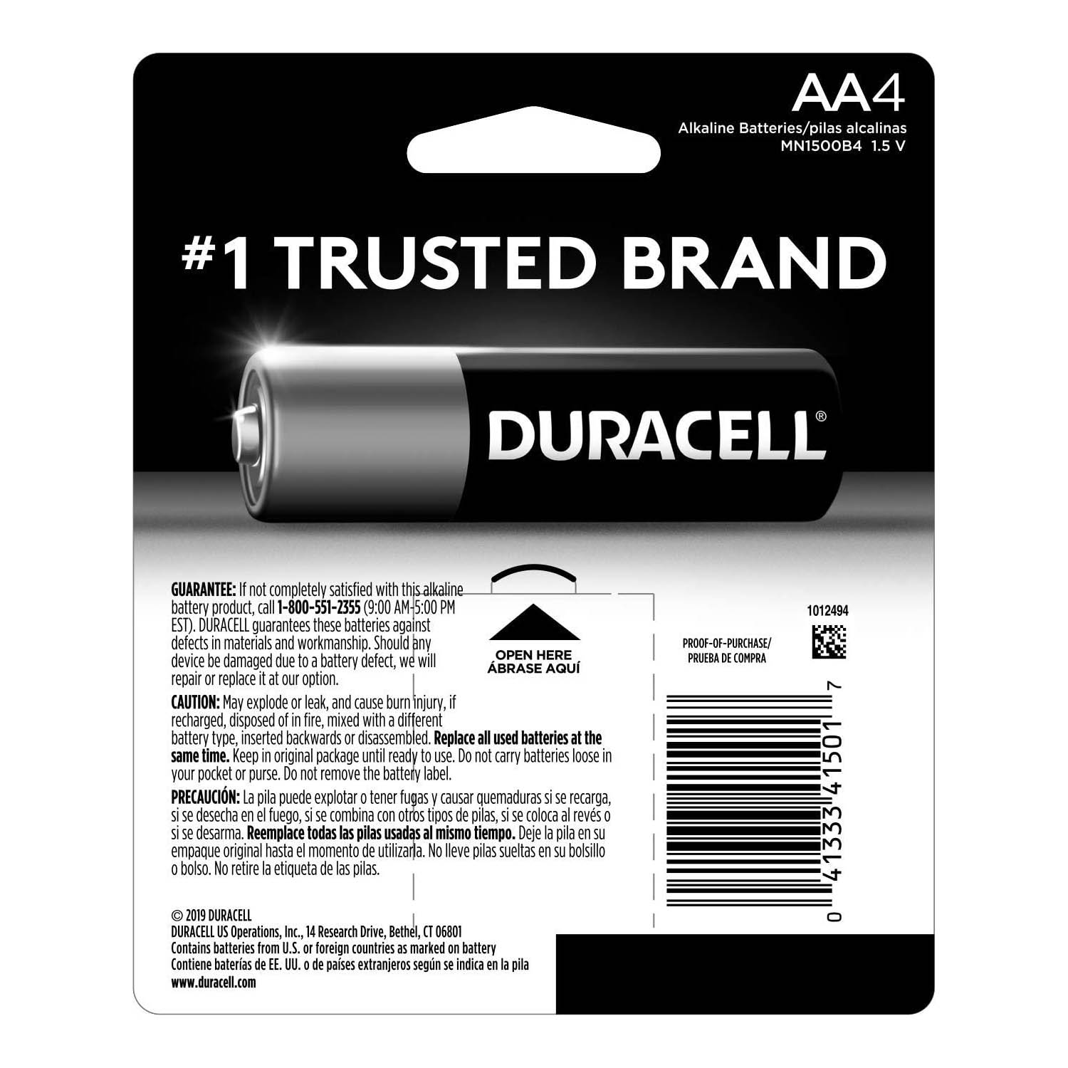Back of Duracell Coppertop AA Alkaline Batteries 4-Pack Package