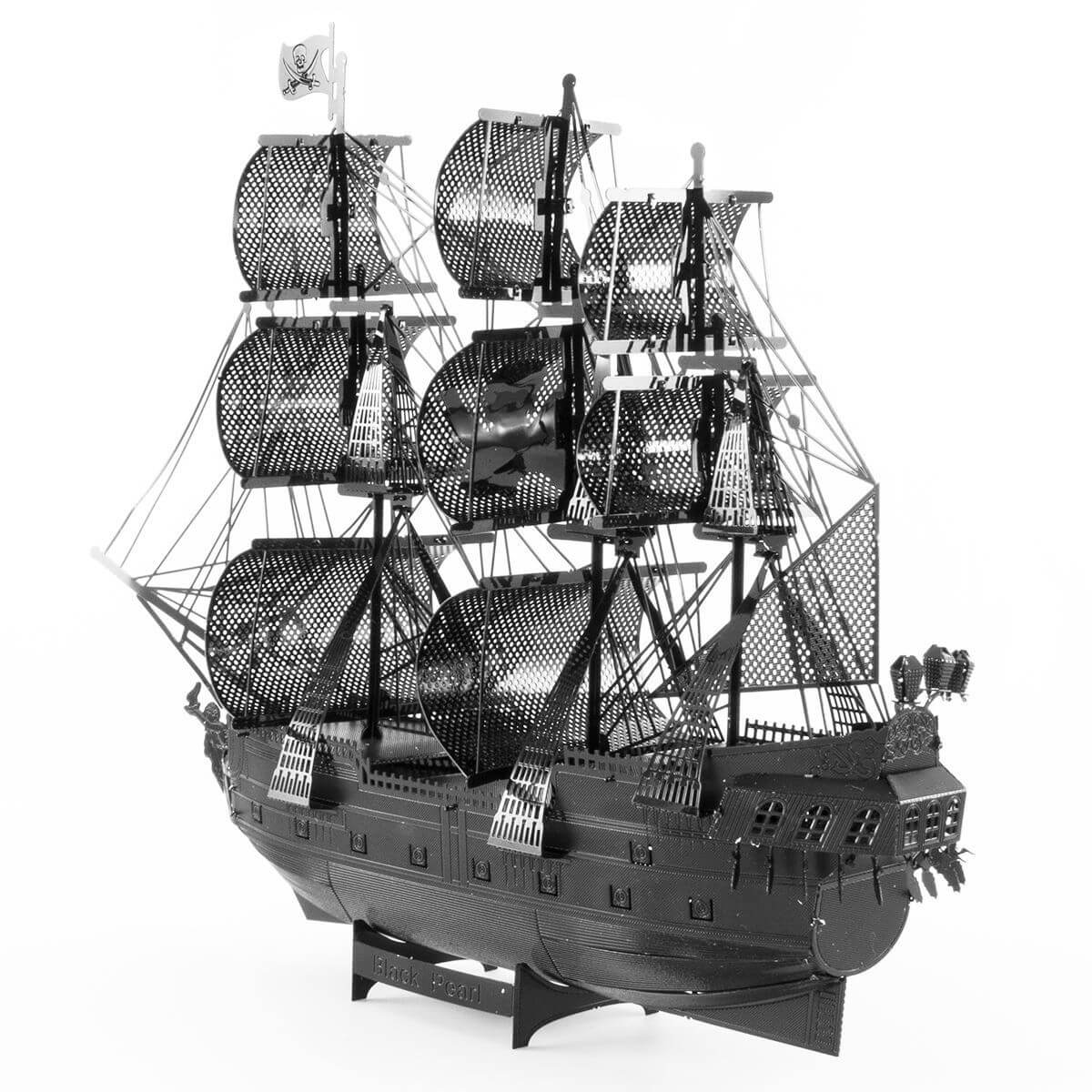Side view of the Metal Earth Premium Iconx Black Pearl Ship in Black Model - 2 Sheets.