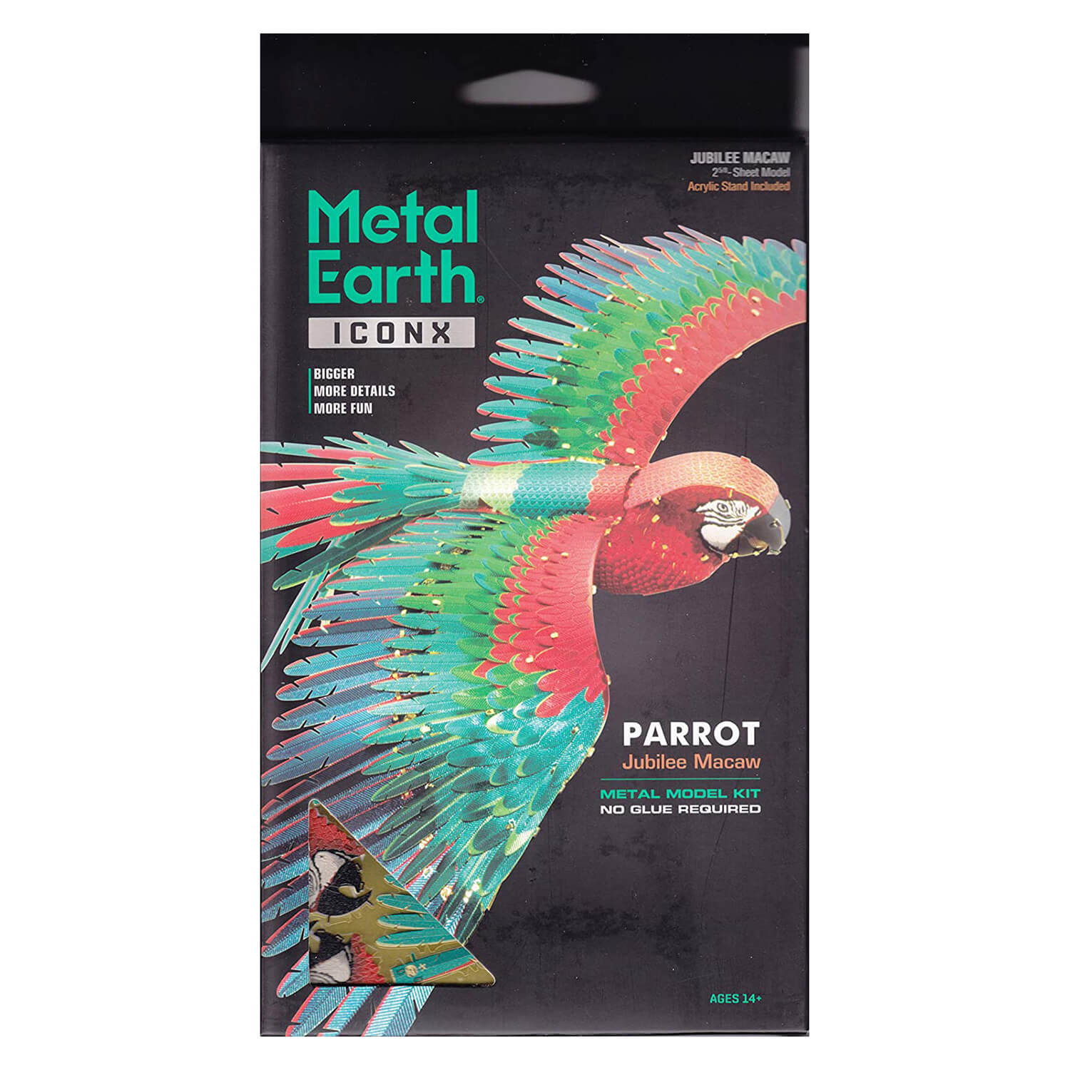 Front view of the Metal Earth Premium Iconx Parrot Metal Model Kit - 3.63 Sheets packaging.