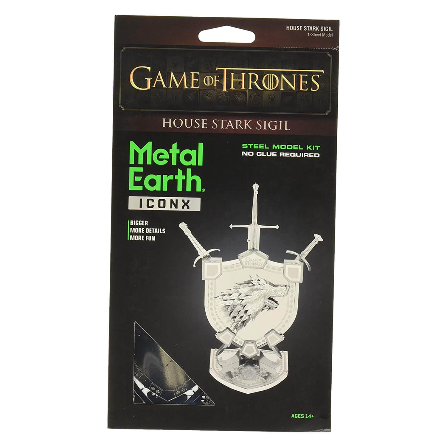 Front view of the Metal Earth Iconx Game of Thrones House Stark Sigil packaging.