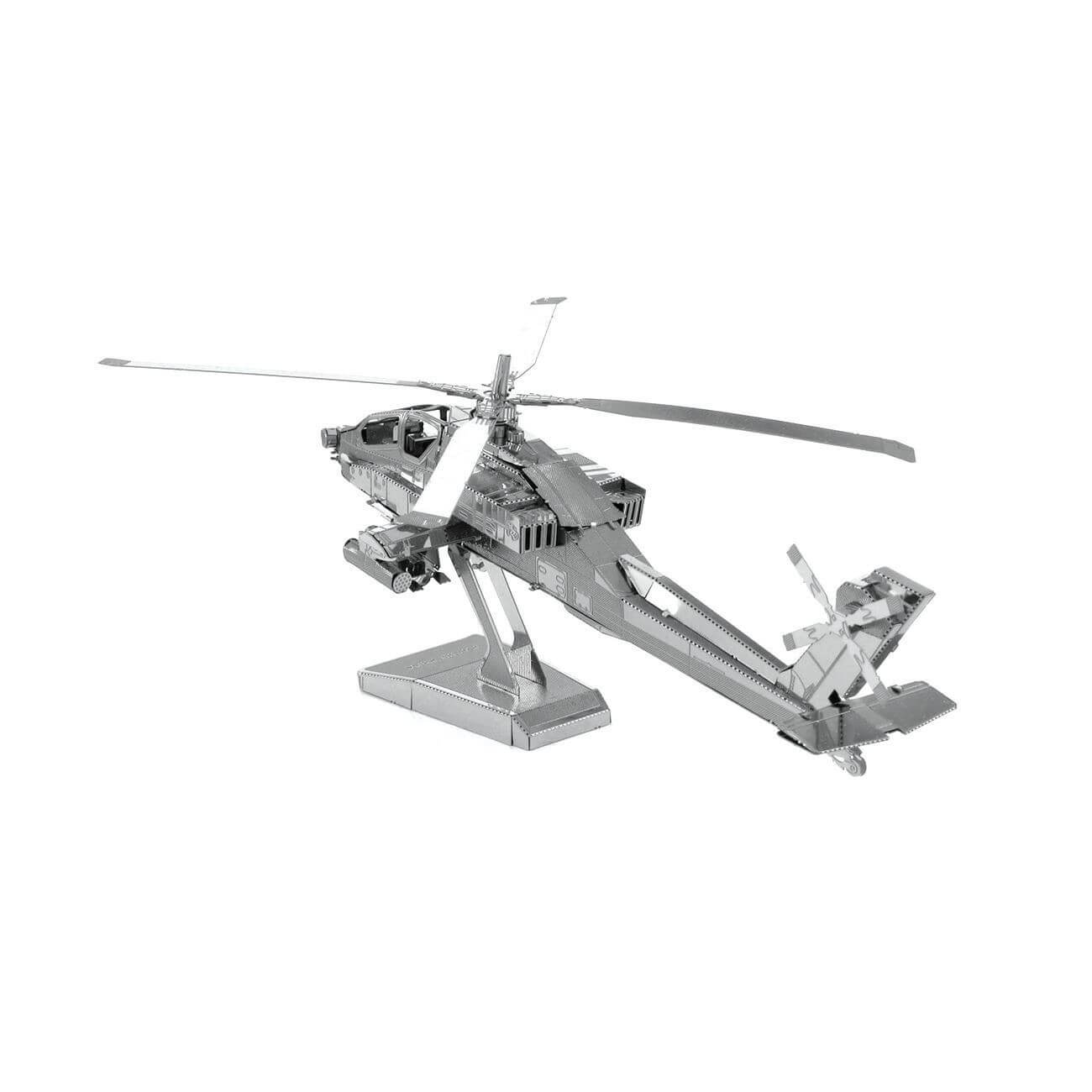 Side view of the Metal Earth AH-64 Apache Helicopter Metal Model Kit - 2 Sheets.