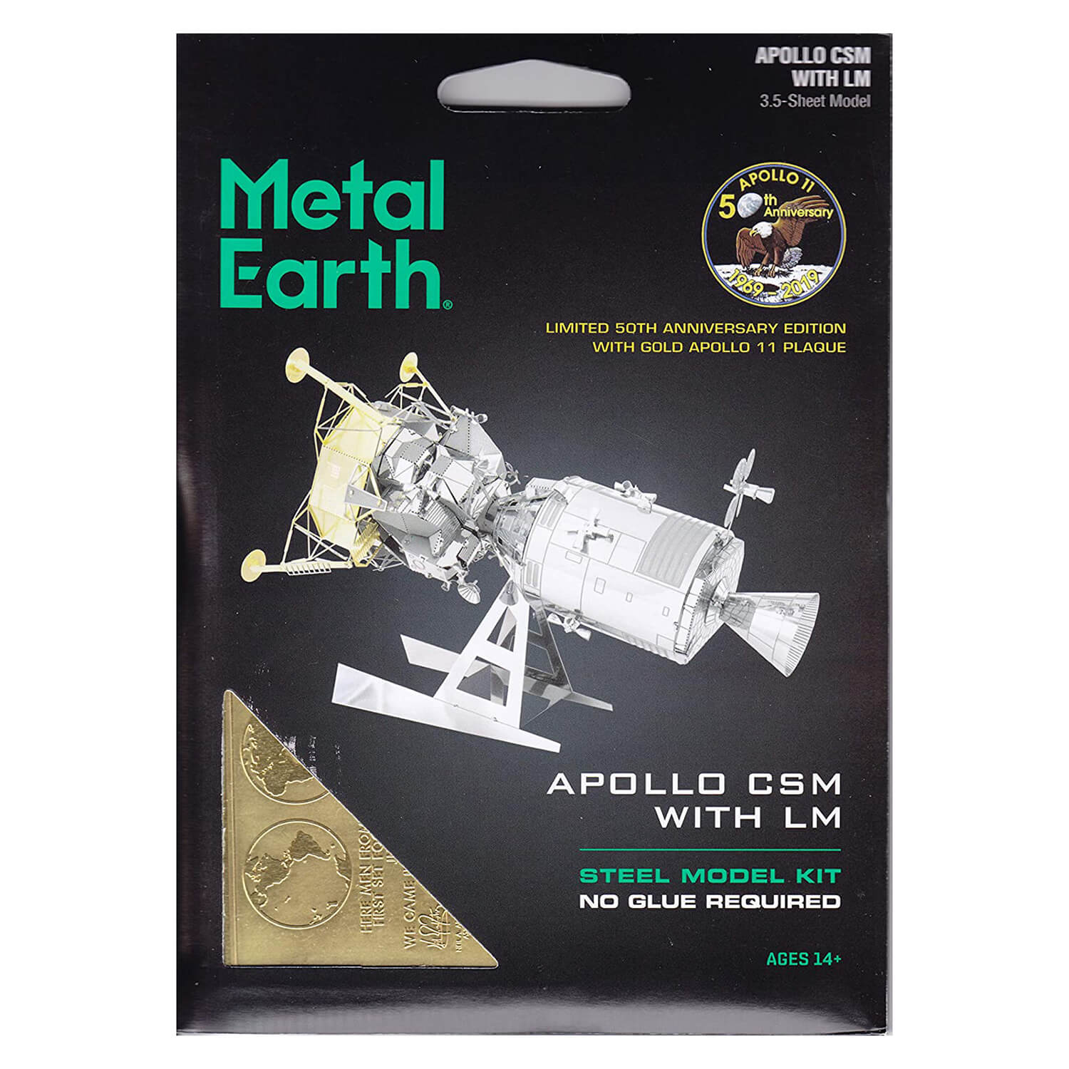 Front view of the Metal Earth Apollo CSM with LM Metal Model Kit - 3.5 Sheets package.