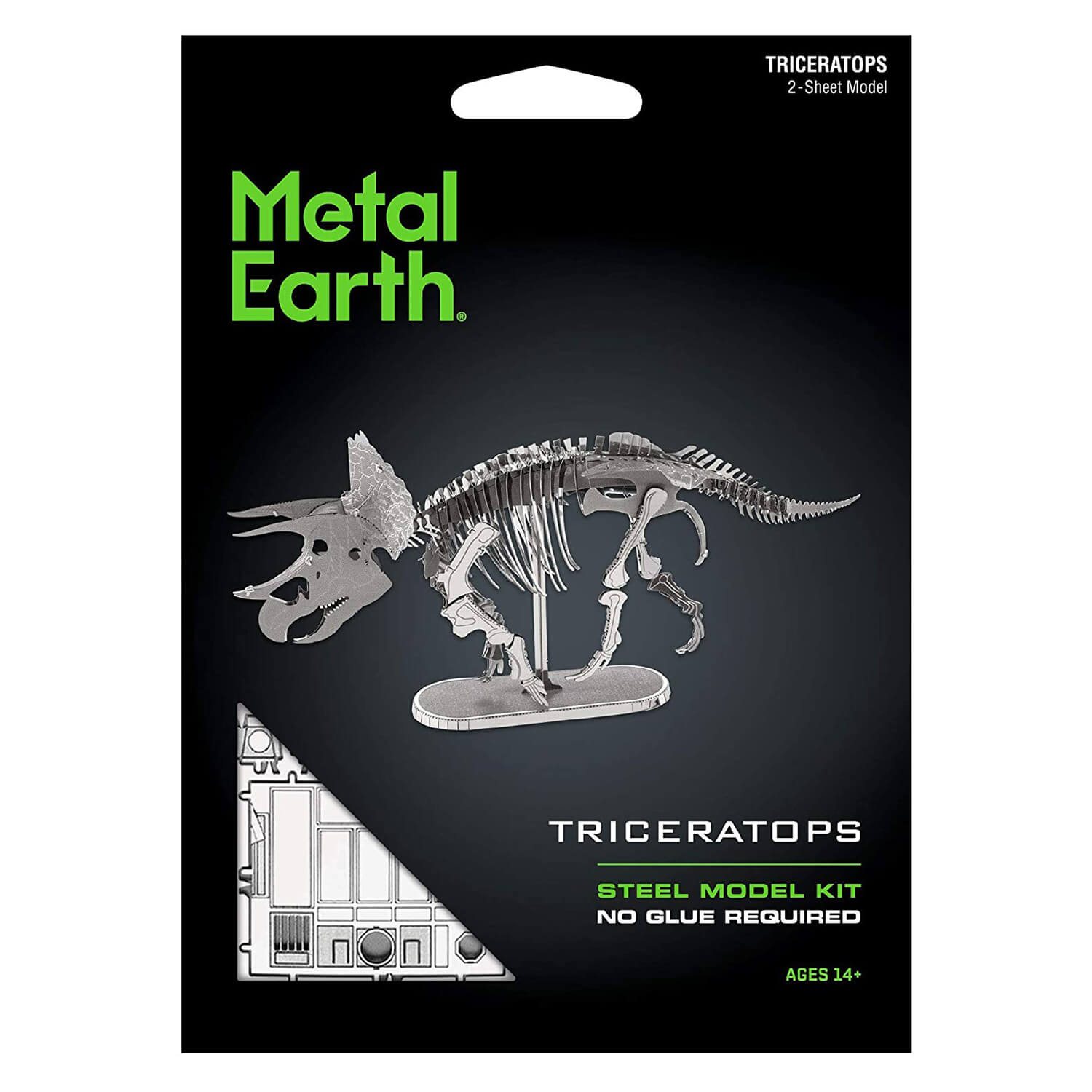 Front view of the Metal Earth Triceratops Skeleton Metal Model Kit - 2 Sheets package.