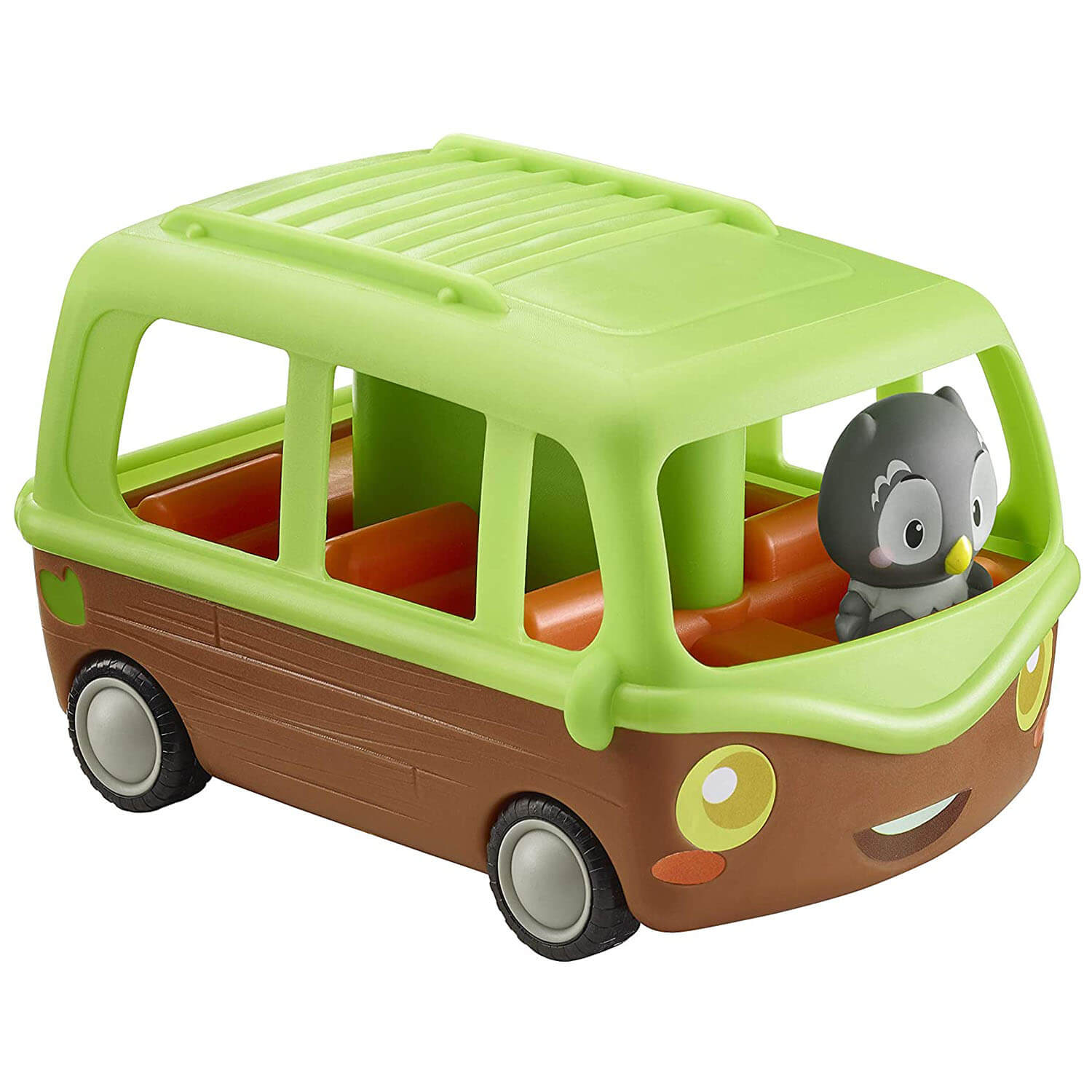 Toy adventure bus playset with bright green plastic roof, smooth brown body, rounded open seating, and small gray owl figure beside it, shown in a clean studio setting for children’s product display.