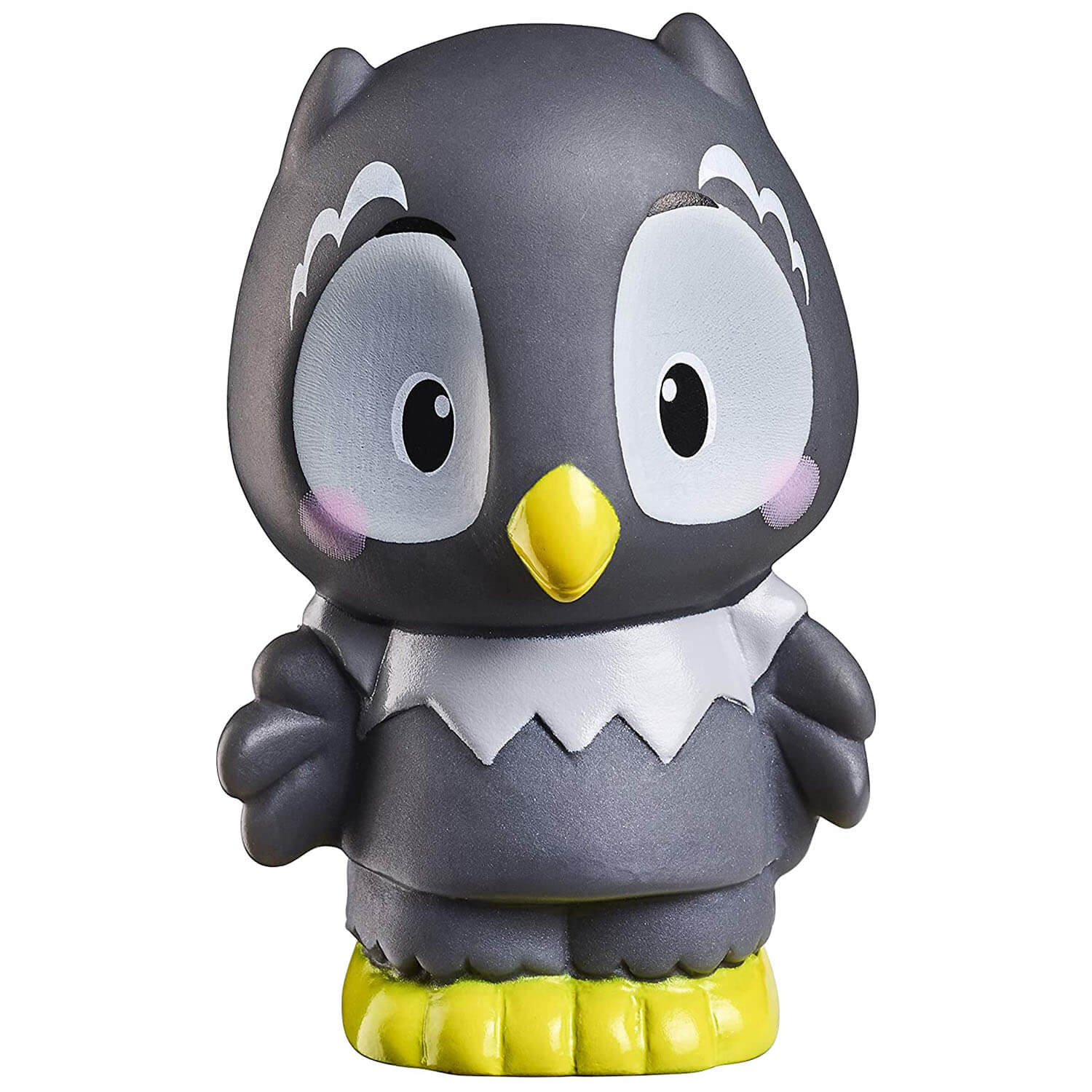 Small gray owl toy figure with smooth plastic texture, large white-rimmed eyes, yellow beak, and bright yellow feet, shown upright against a plain studio backdrop for children’s collectible playsets.