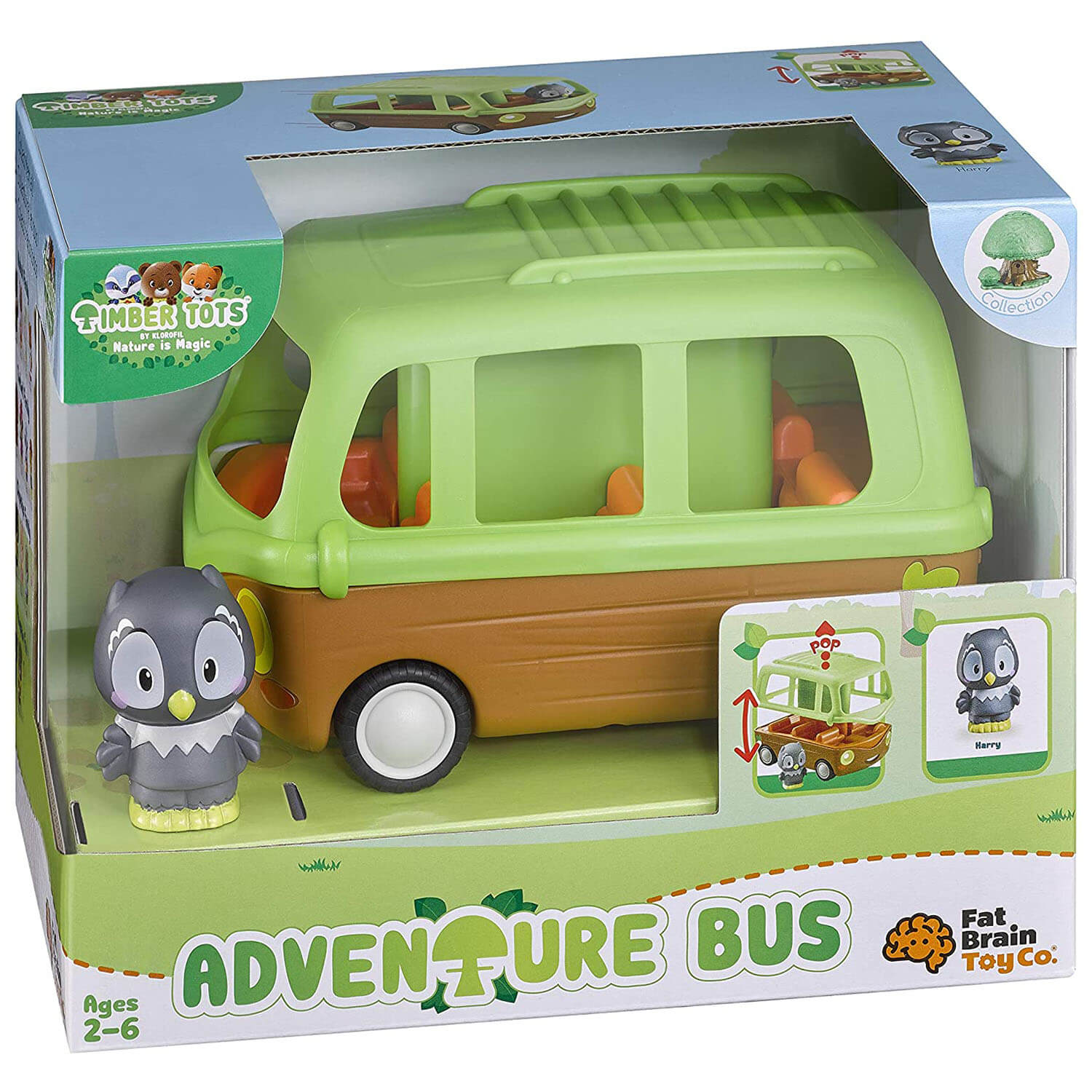 Fat Brain Toys Timber Tots Adventure Bus packaged set showing green-and-brown toy bus with orange seats and included gray owl figure, displayed in a colorful retail box with age range and brand graphics.