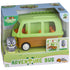 Fat Brain Toys Timber Tots Adventure Bus packaged set showing green-and-brown toy bus with orange seats and included gray owl figure, displayed in a colorful retail box with age range and brand graphics.