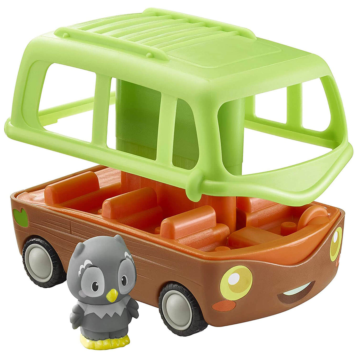 Toy adventure bus featuring green plastic top, brown body, and molded orange seats, shown with a small gray owl figure sitting inside the front seat against a plain studio background.