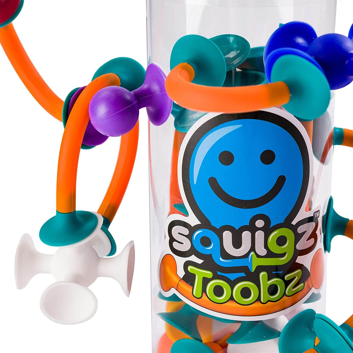 Front view of the Fat Brain Toys Squigz Toobz toy.