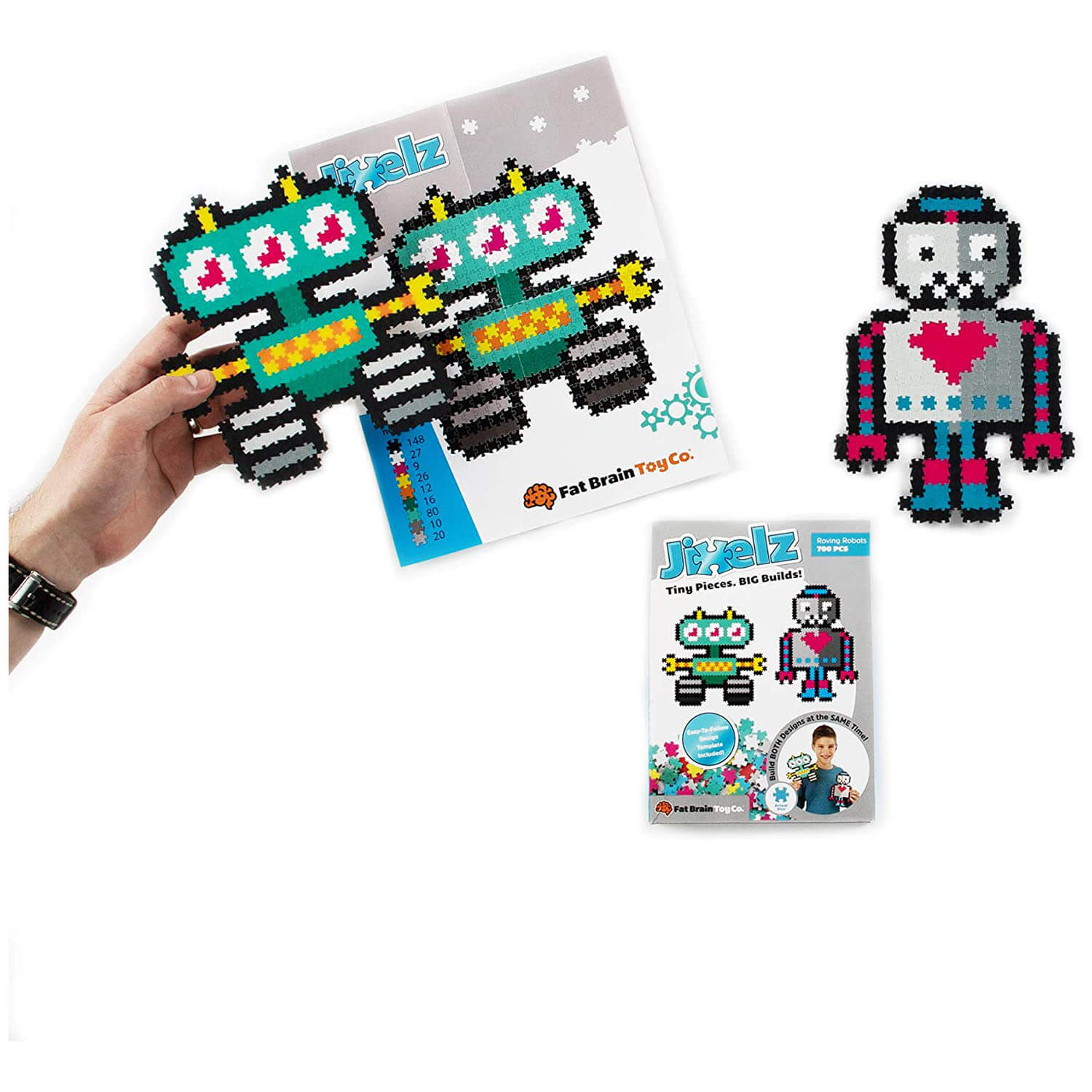 Front view of the Fat Brain Toys Jixelz Roving Robots 700 pc Set package.