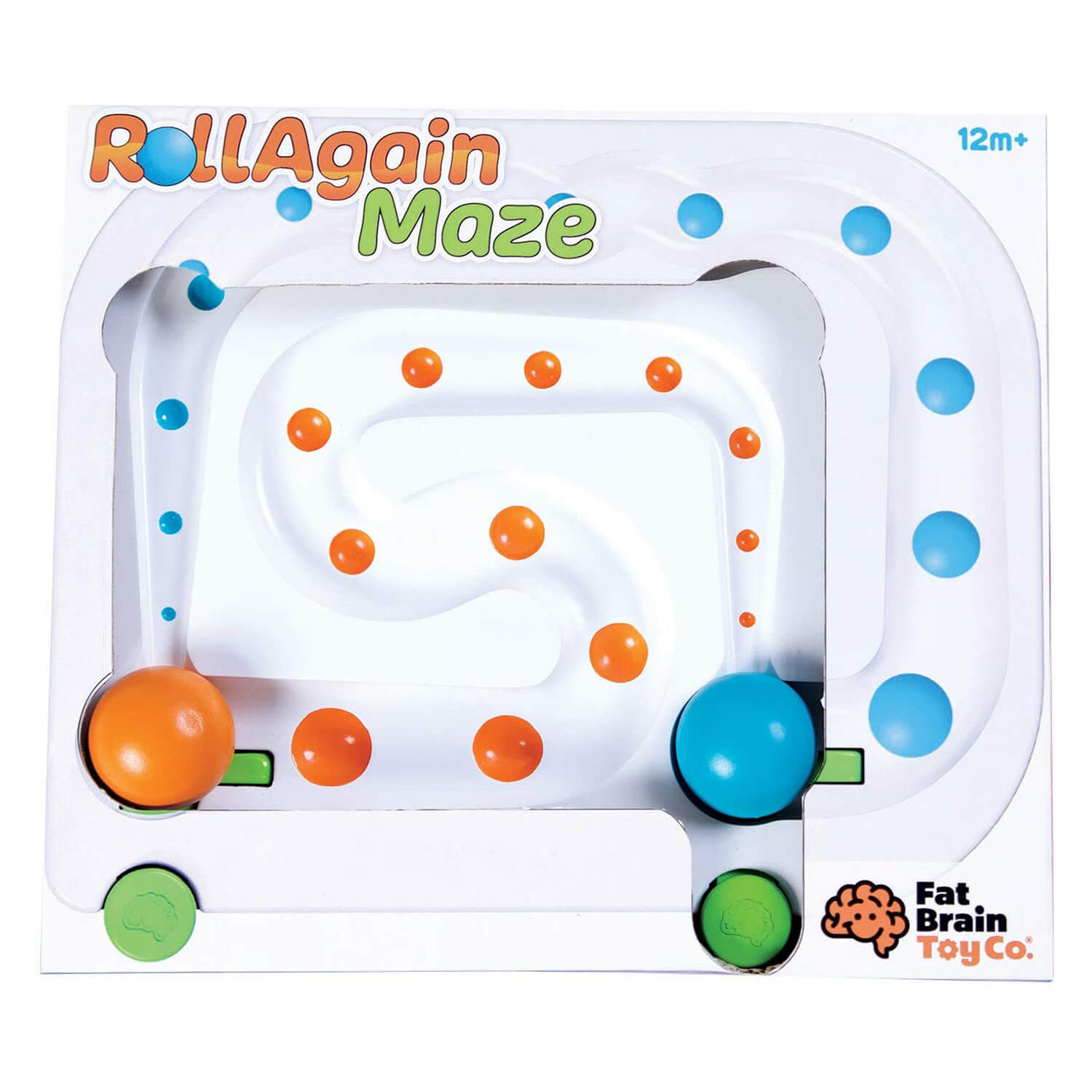 Front view of the Fat Brain Toys RollAgain Maze package.