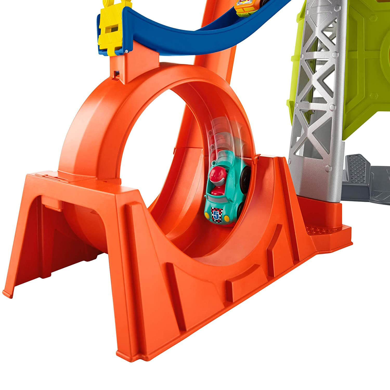 Car going through the loop-the-loop on the Fisher-Price Little People Launch & Loop Raceway