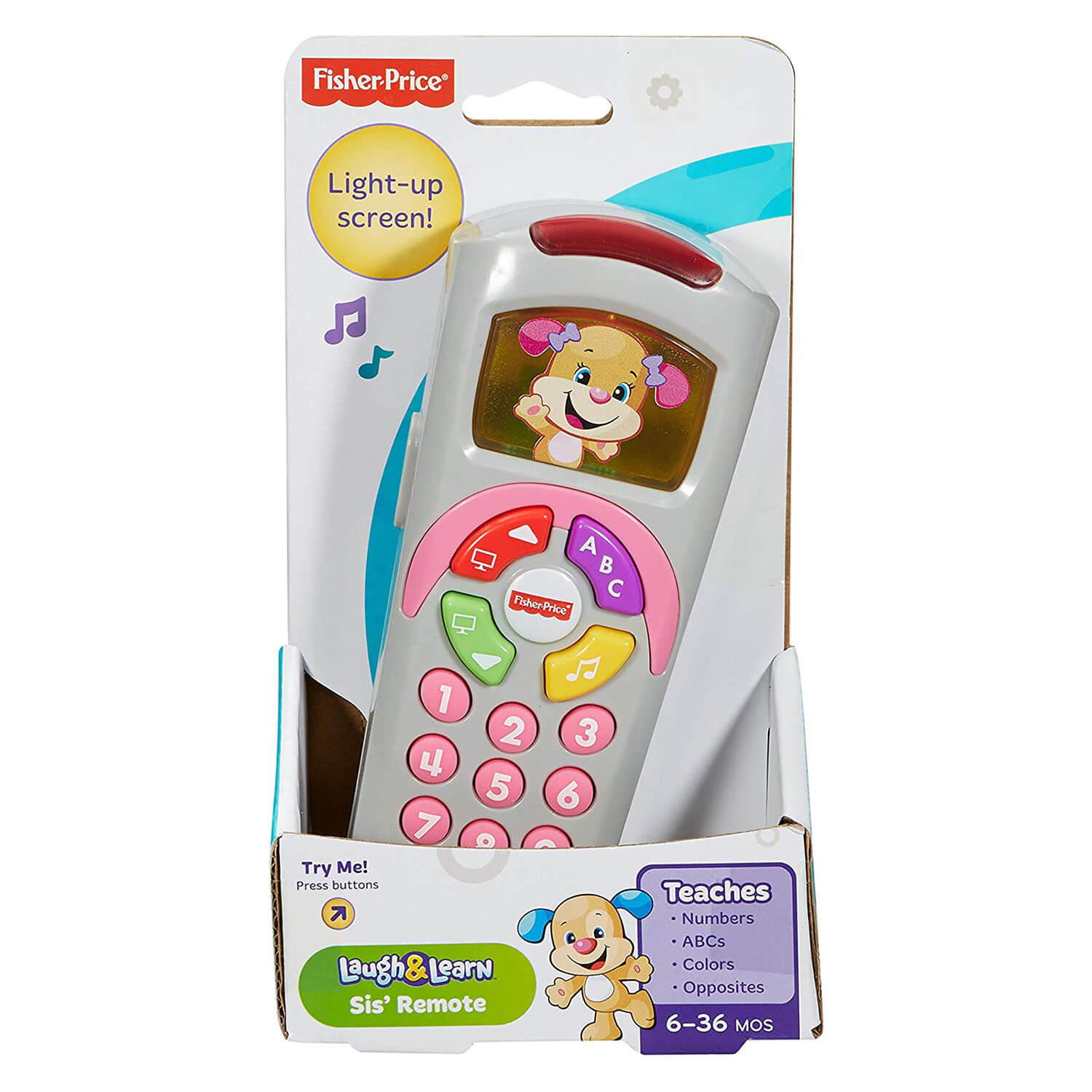 Front view of the Fisher-Price Laugh and Learn Sis Remote package.