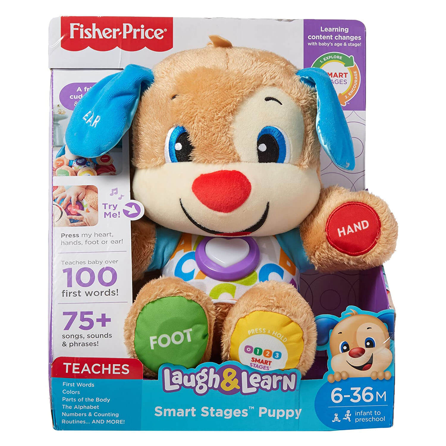 Front view of the Fisher-Price Laugh and Learn Smart Stages Puppy Interactive Plush.