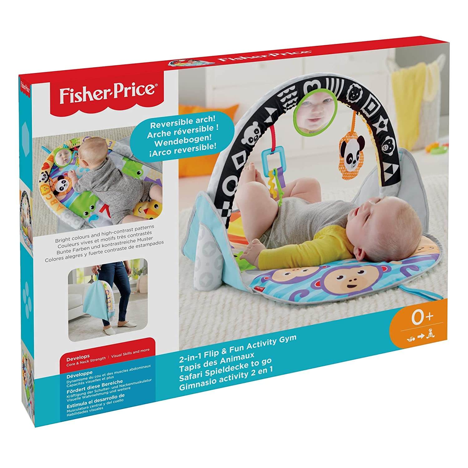 Front view of the Fisher-Price 2 In1 Flip Fun Actvity Gym packaging.