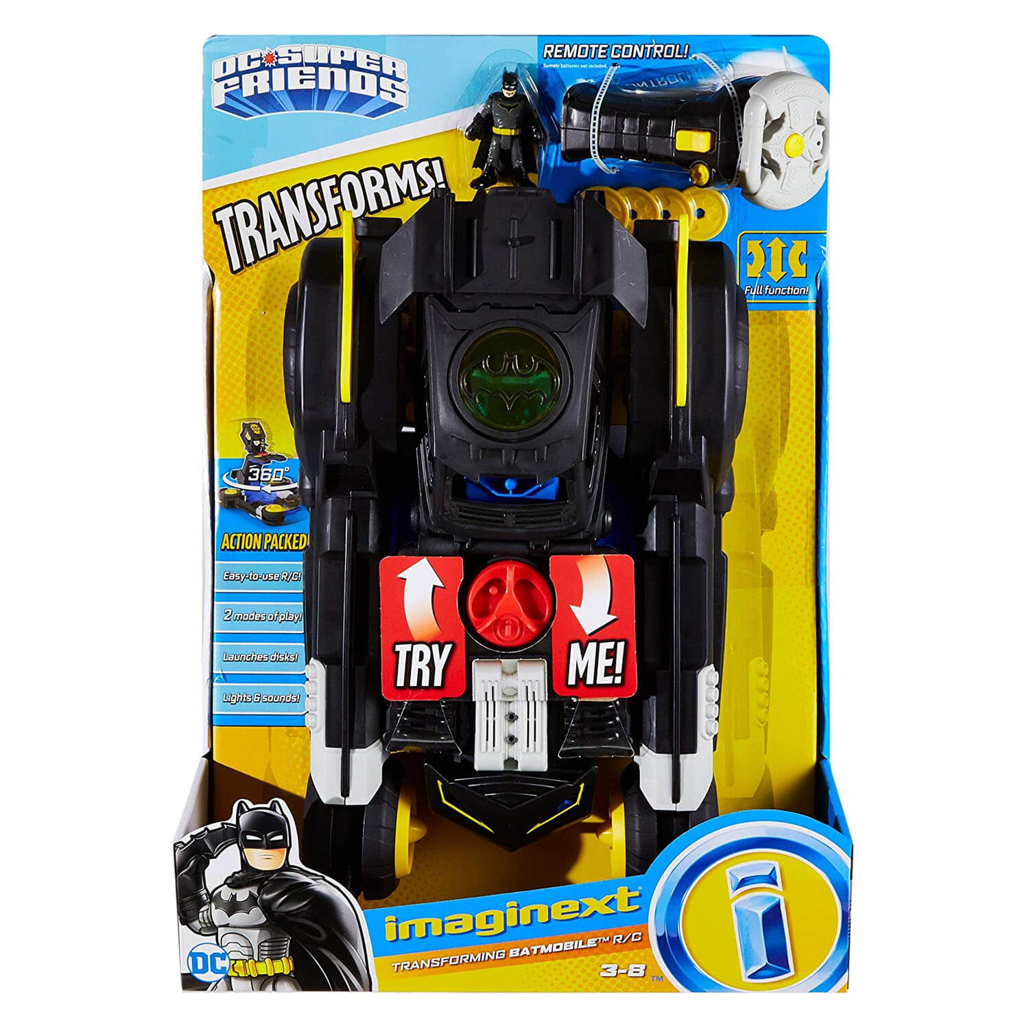 Front view of the Imaginext Transforming Remote Control Batmobile packaging.