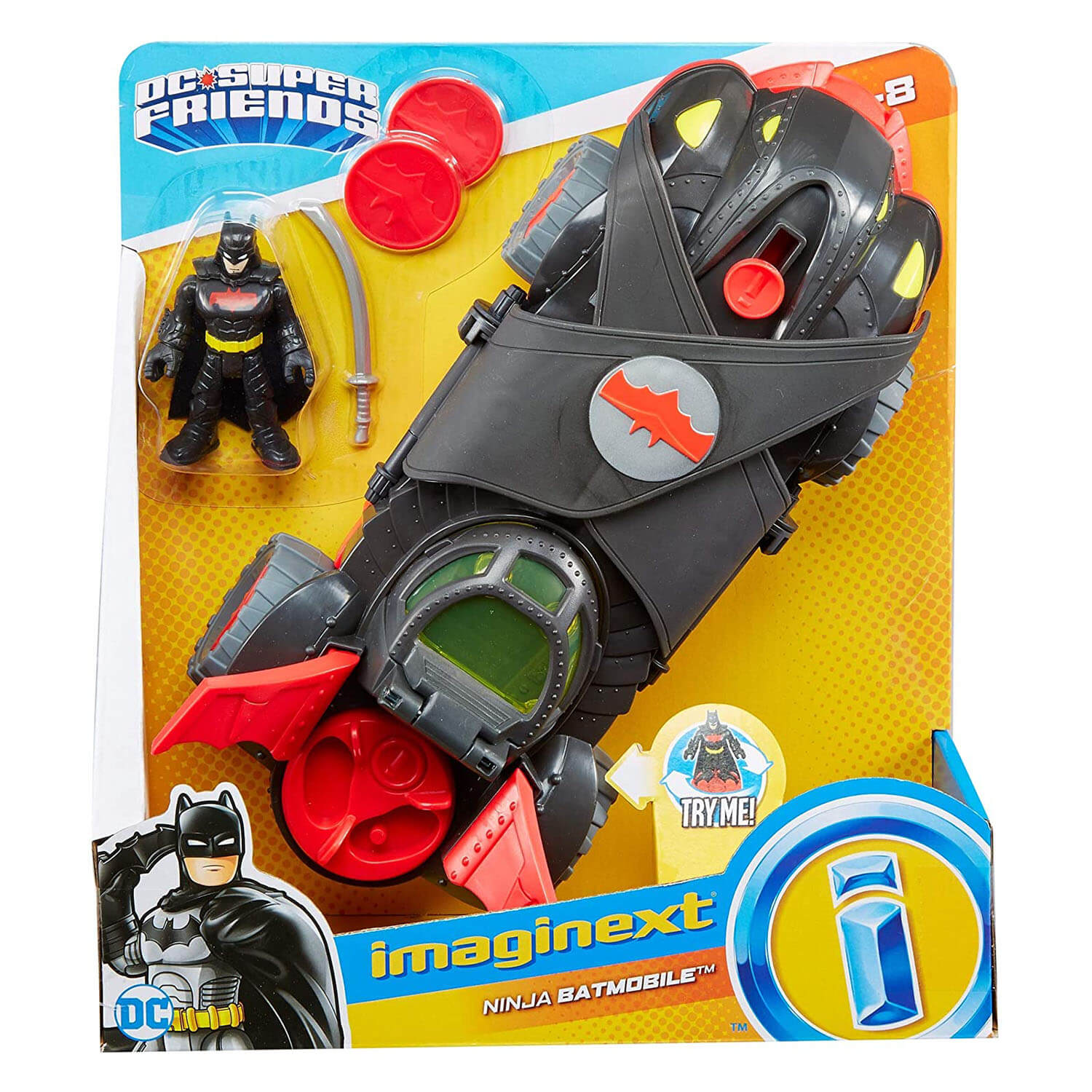 Front view of Imaginext DC Super Friends Ninja Armor Batmobile packaging.