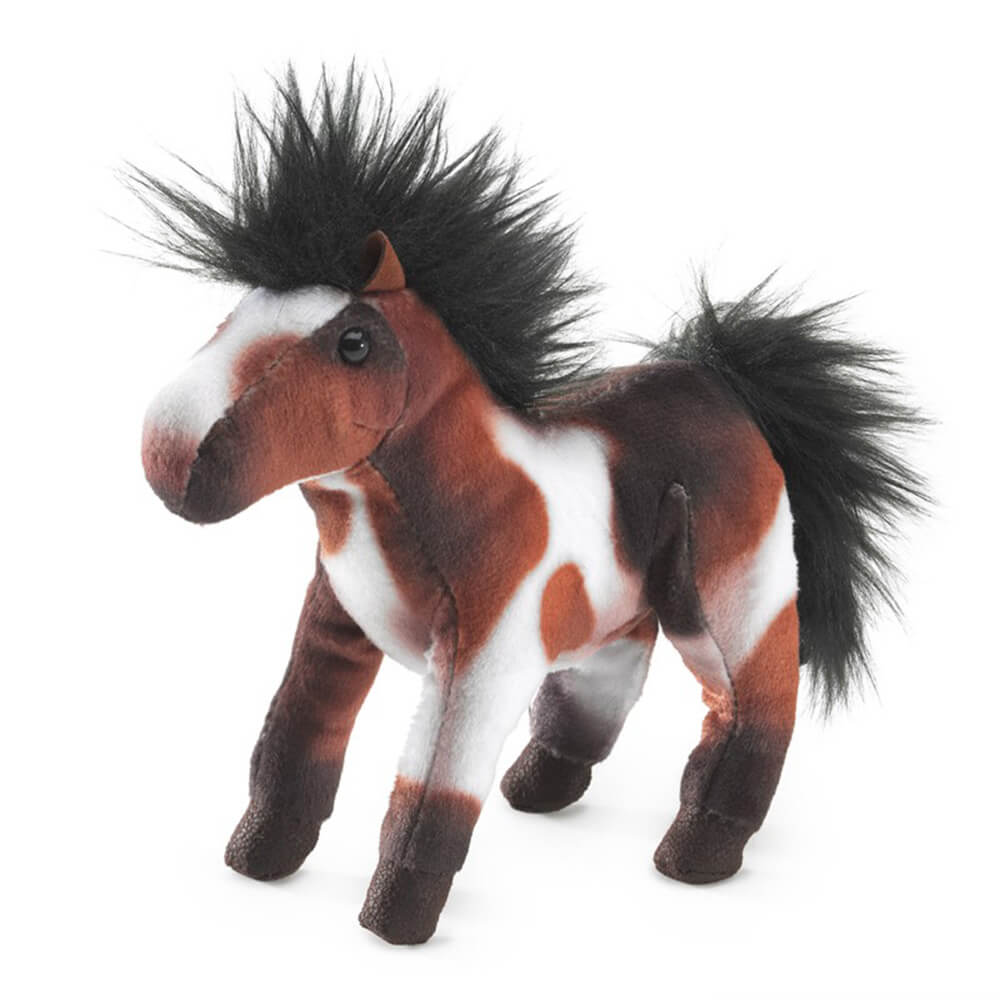 Front view of the Folkmanis Mini Horse Finger Puppet, which is brown and white with a dark brown mane.