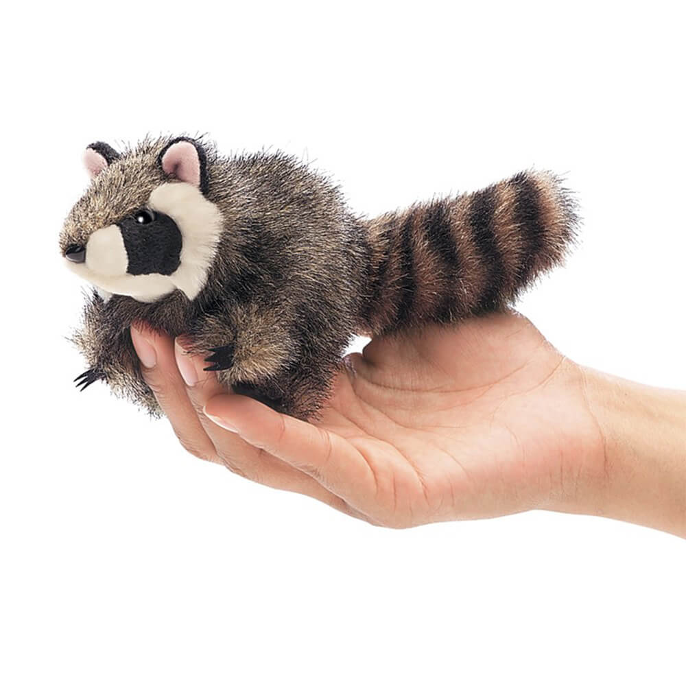 Folkmanis Mini Raccon Finger Puppet is gray with white and black accent features.