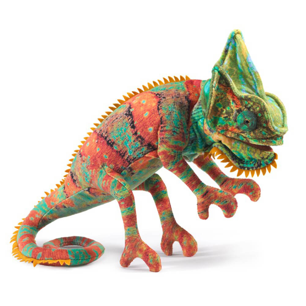 Folkmanis small chameleon finger puppet features vibrant greens and oranges.