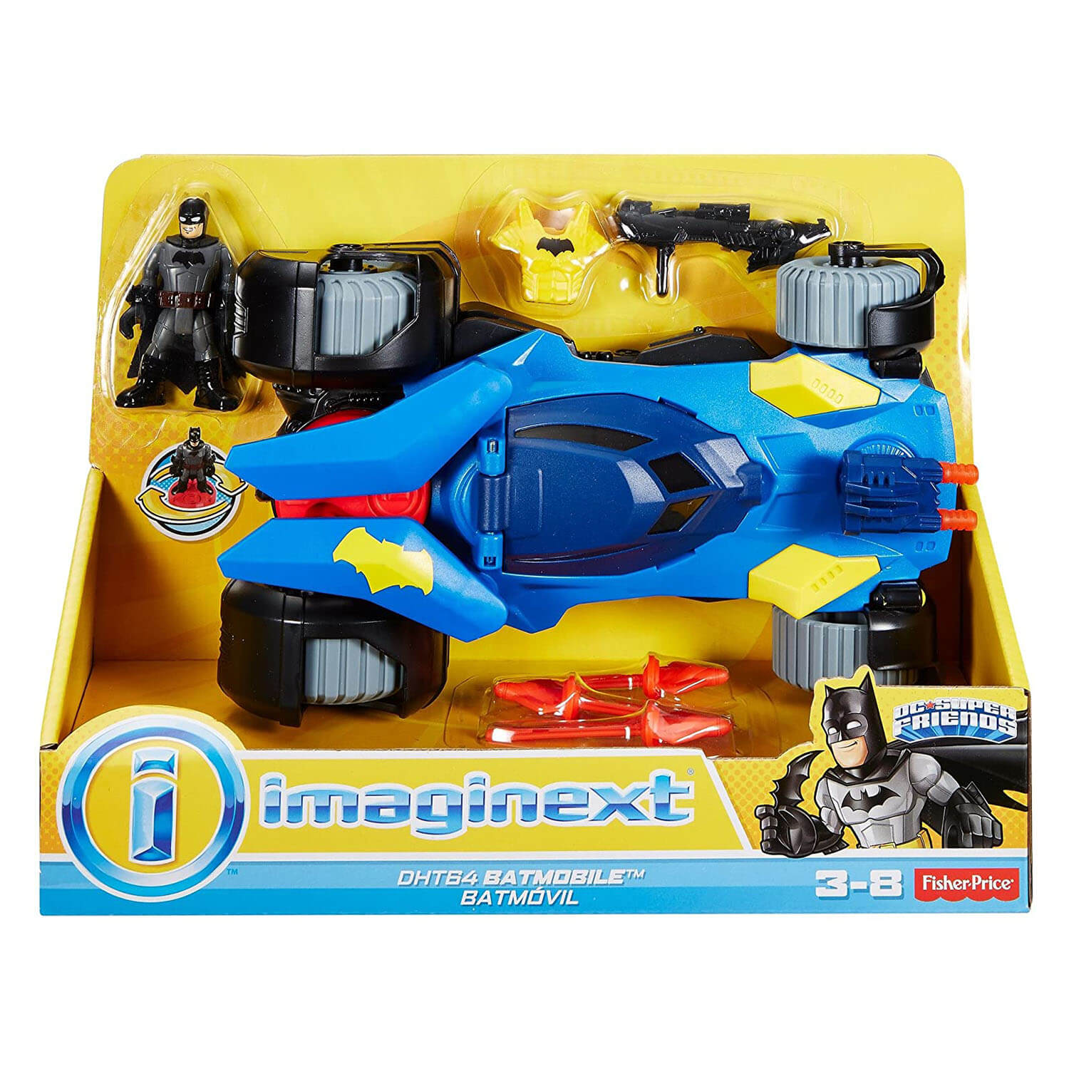Front view of the Imaginext DC Super Friends Batmobile package.