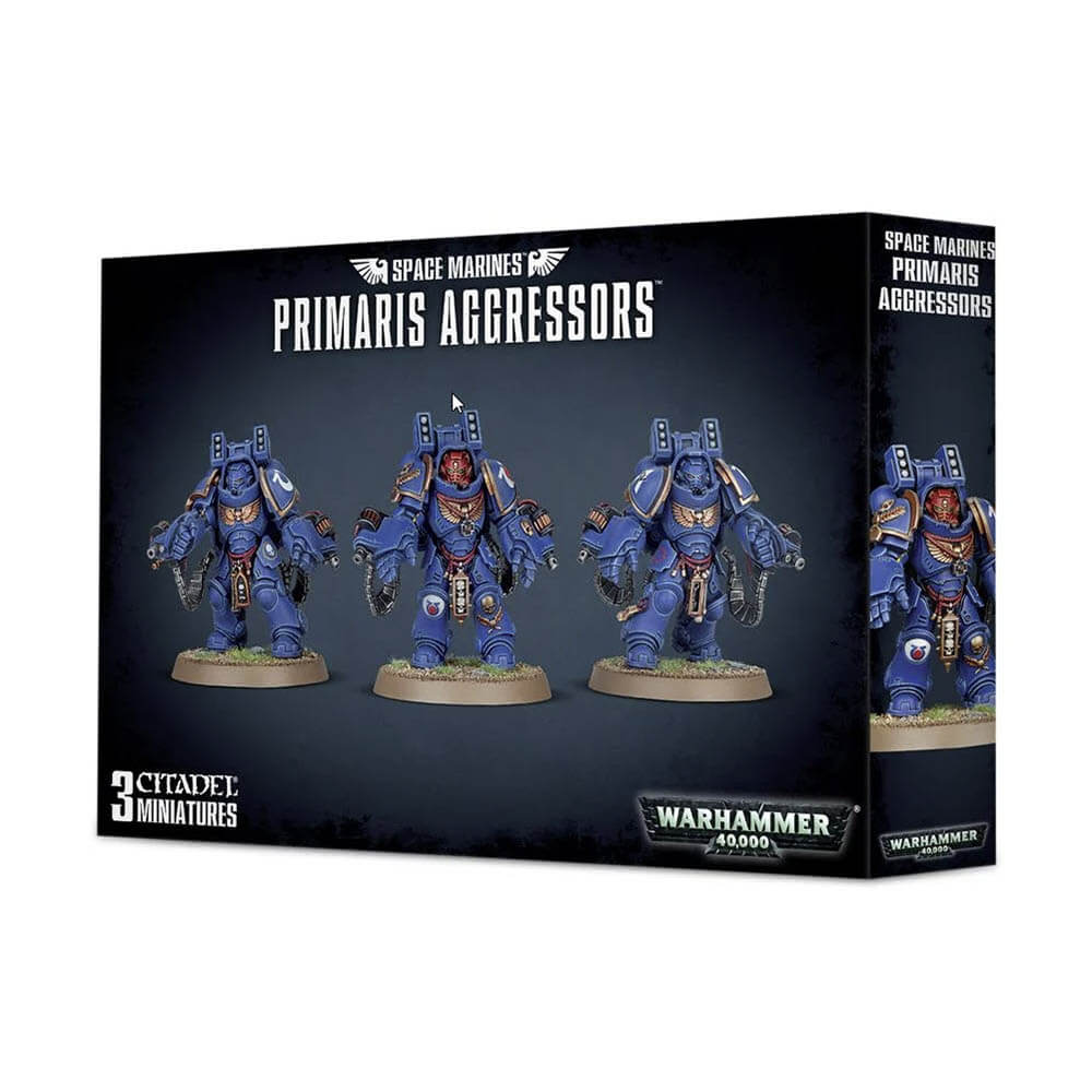 Front view of the Warhammer 40K Space Marines Primaris Aggressors package.