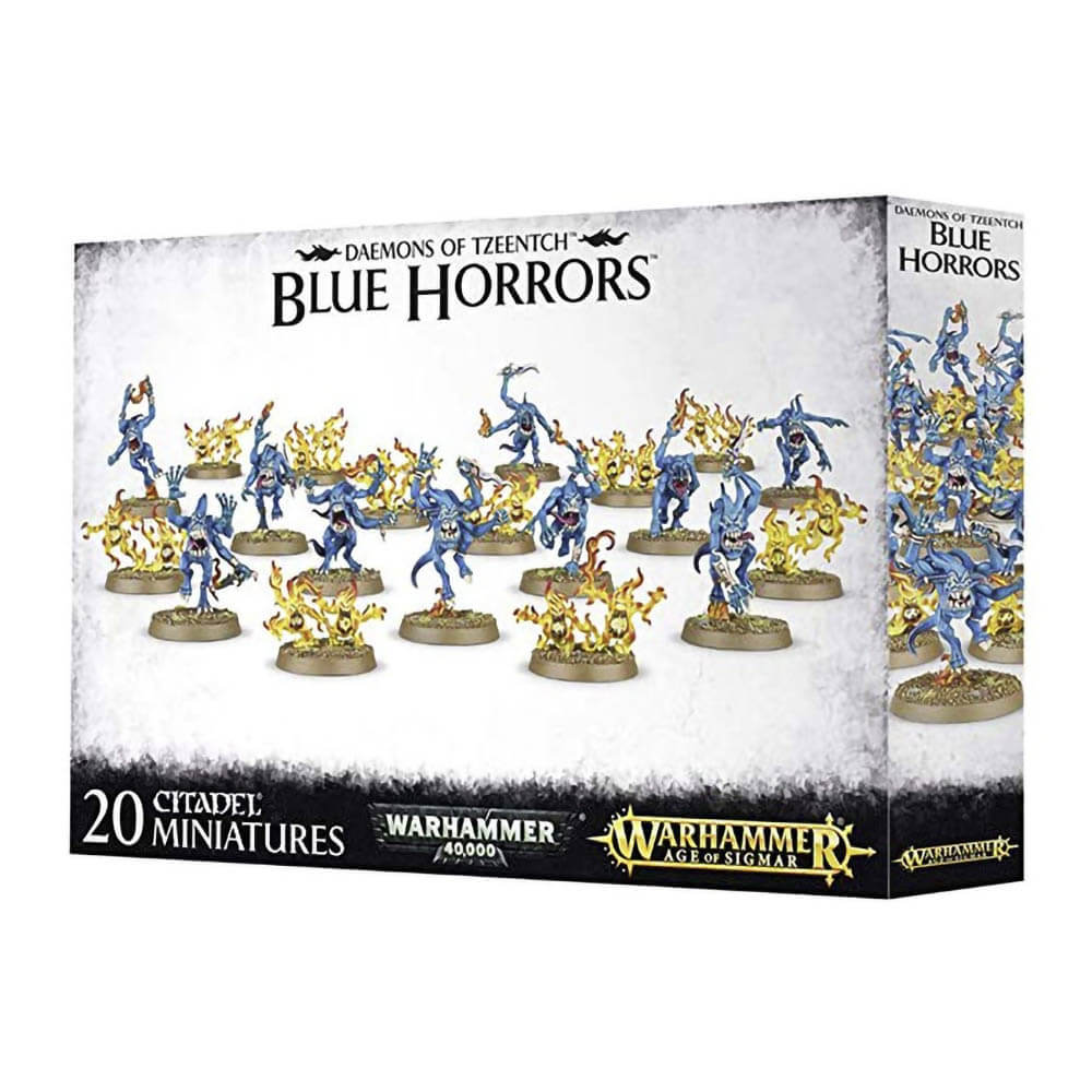 Front view of the Age of Sigmar Daemons Of Tzeentch Blue Horrors package.