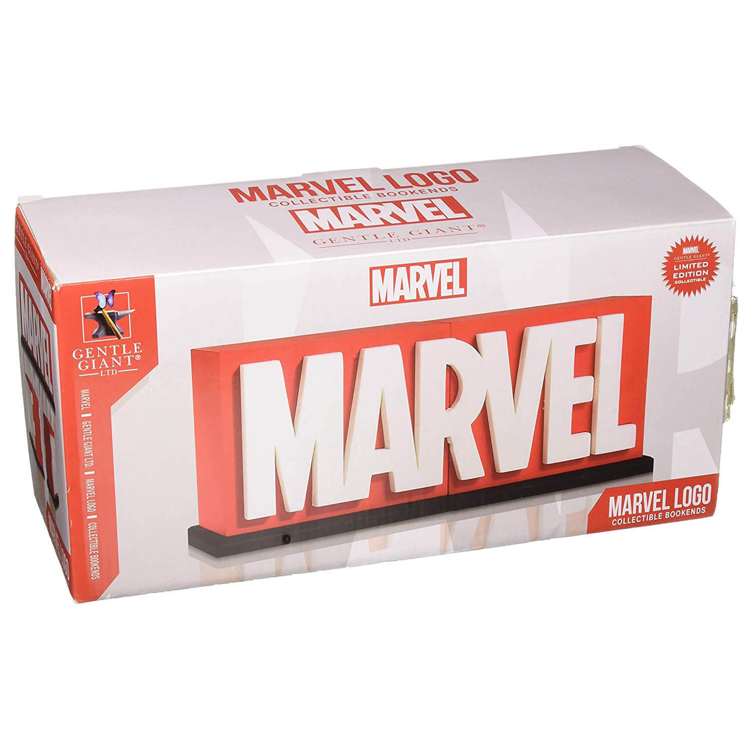 Front view of the Gentle Giant Marvel Logo Collectible Bookends Limited Edition package.