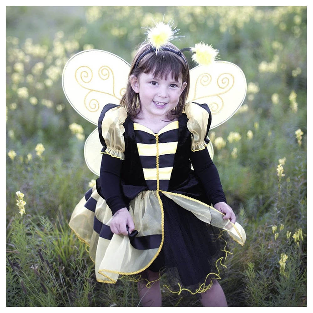 Front view of little girl wearing the bumble bee costume.