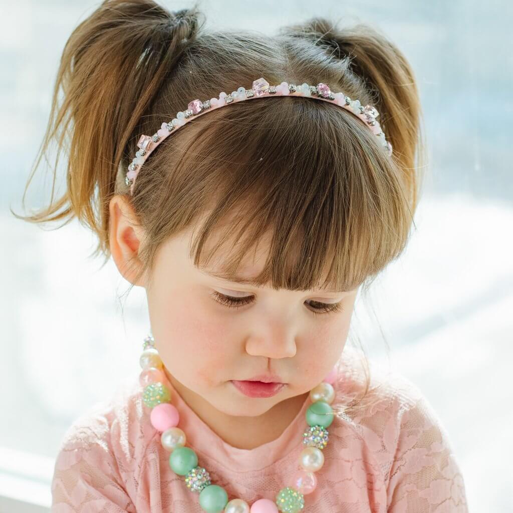 Front view of little girl wearing the necklace.