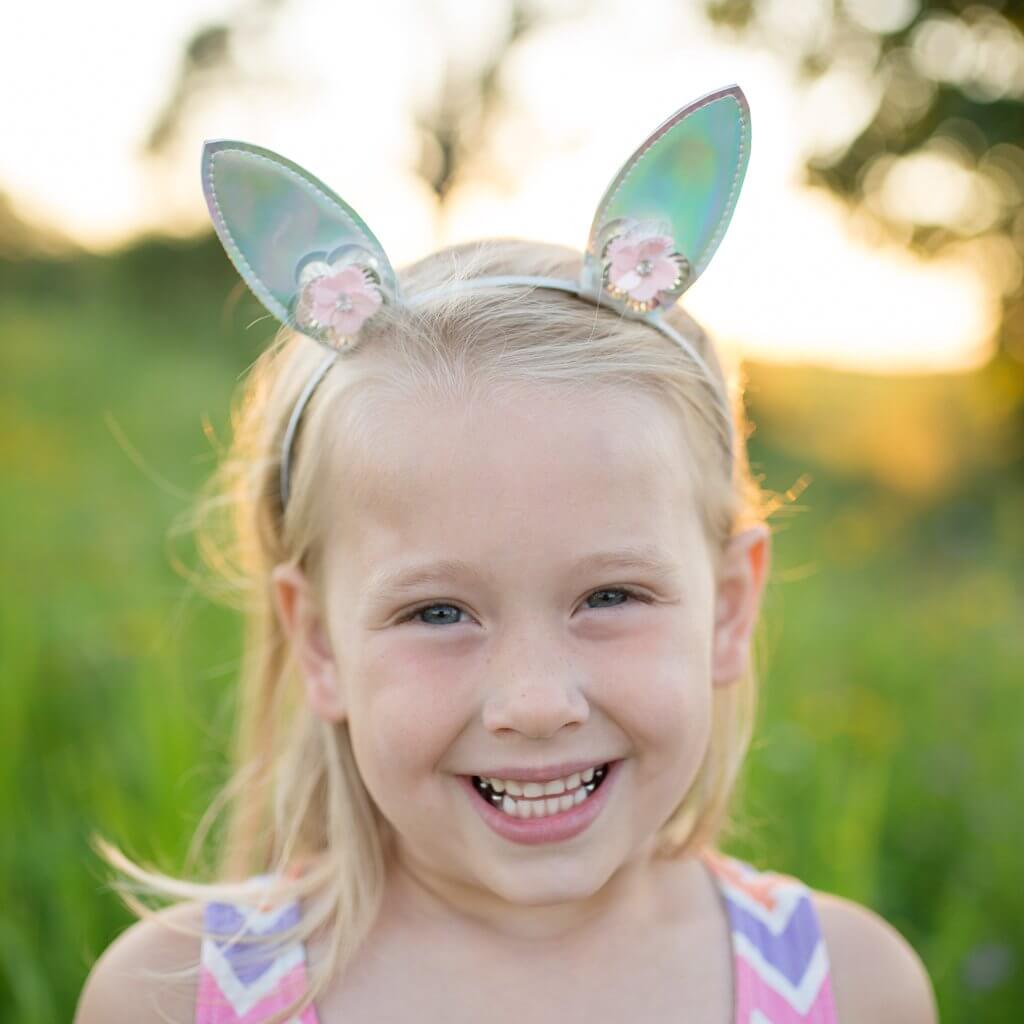 Front view of little girl wearing Great Pretenders Bunny Glamour Headband.