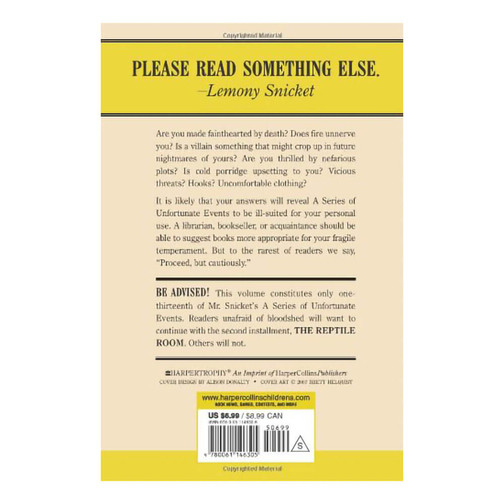 Back view of the Series of Unfortunate Events #1: The Bad Beginning Netflix Edition HC.