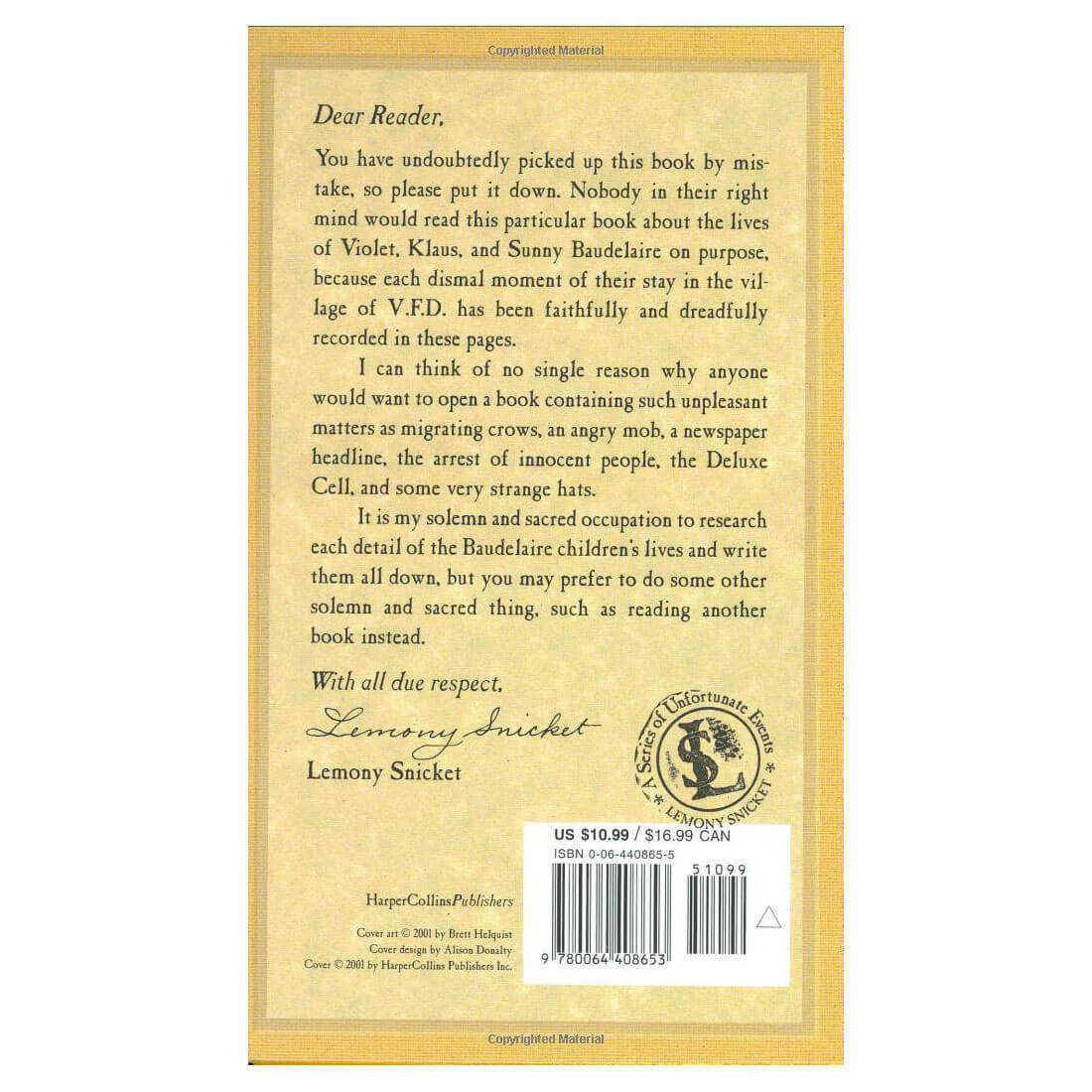 Back view of the Series of Unfortunate Events #7: The Vile Village, A (Hardcover).