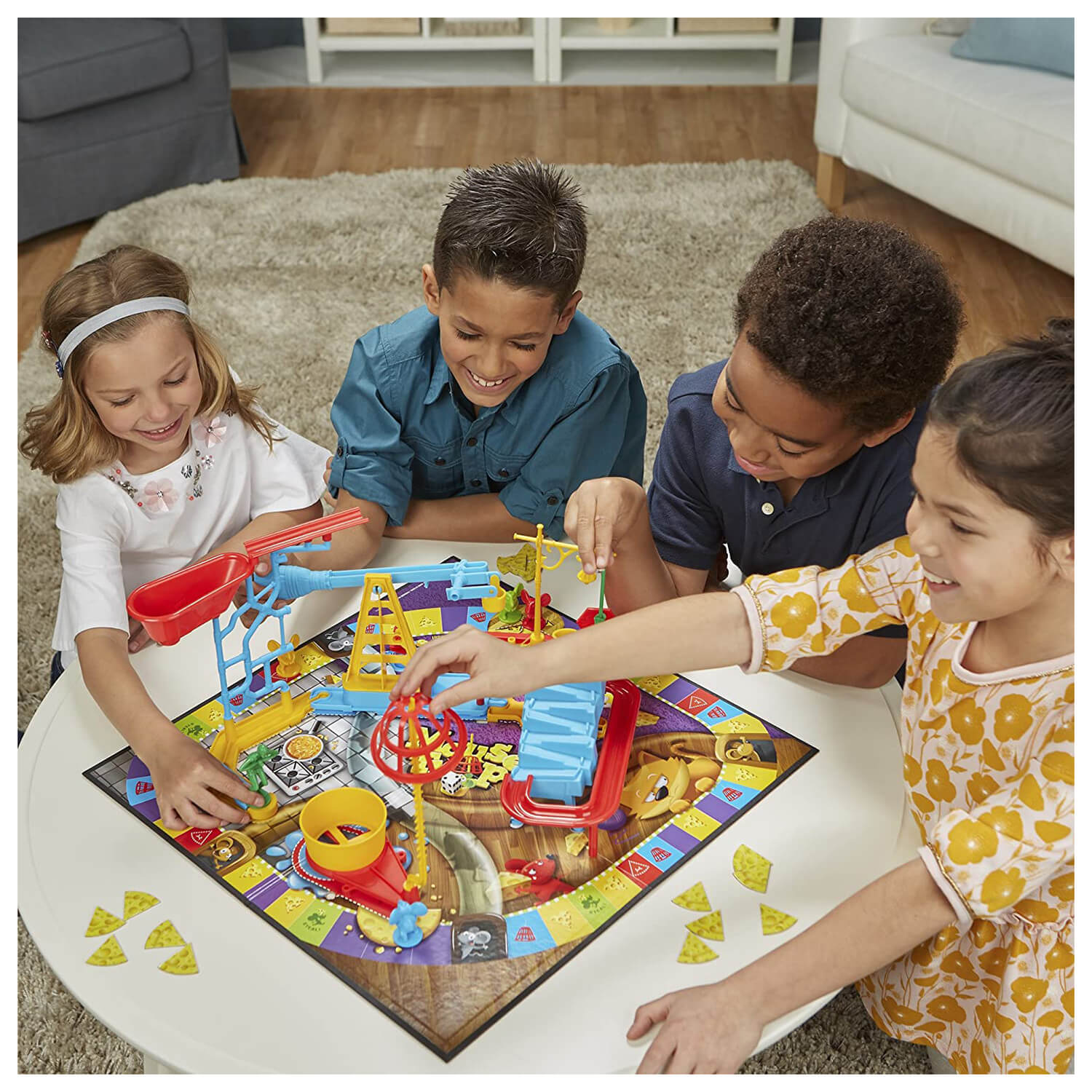 Front view of kids playing the Mouse Trap Game.