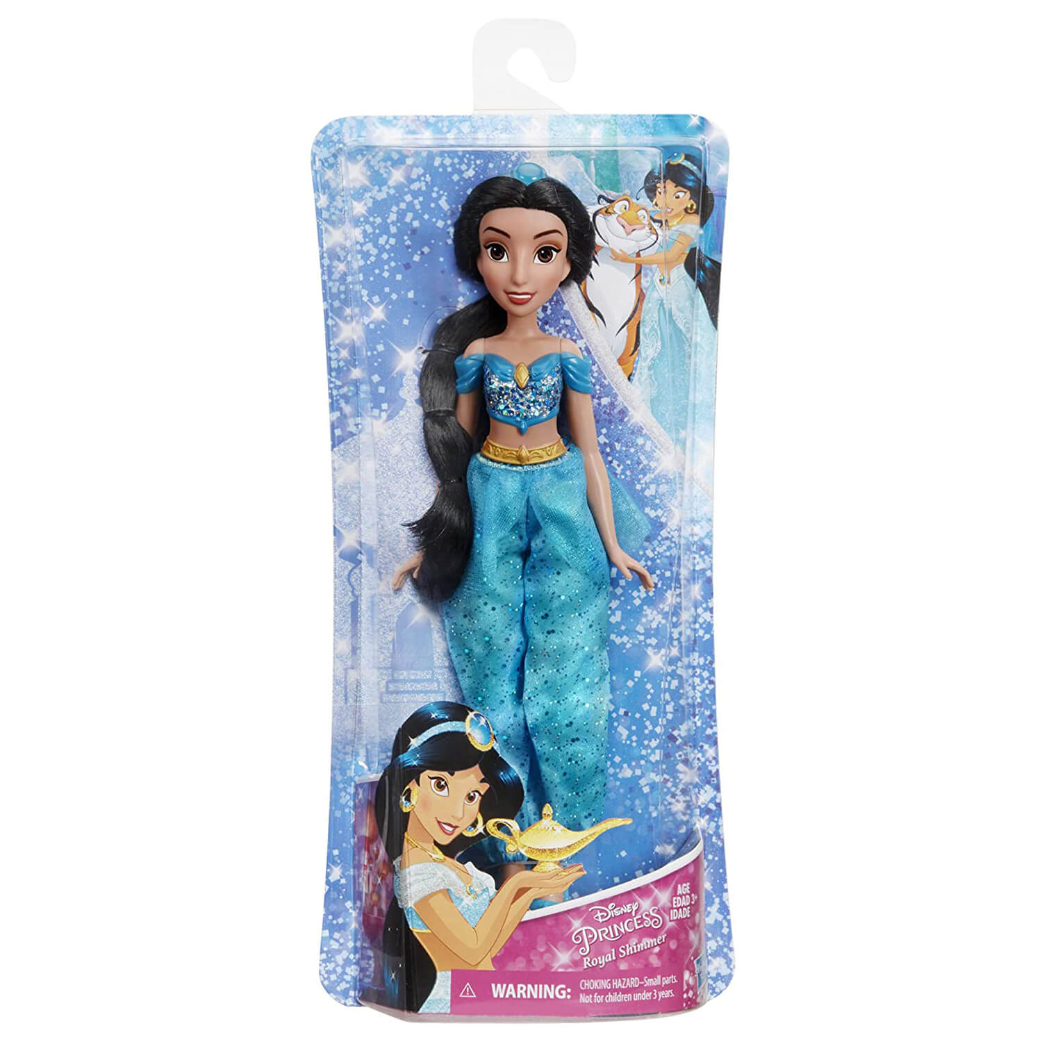 Front view of the Disney Princess Royal Shimmer Jasmine Doll package.