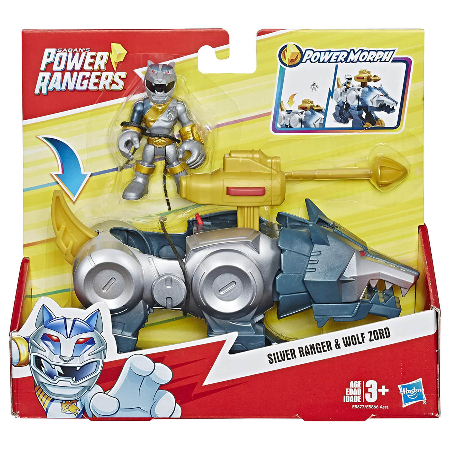 Front view of the Playskool Heroes Saban's Power Rangers Silver Ranger & Wolf Zord package.