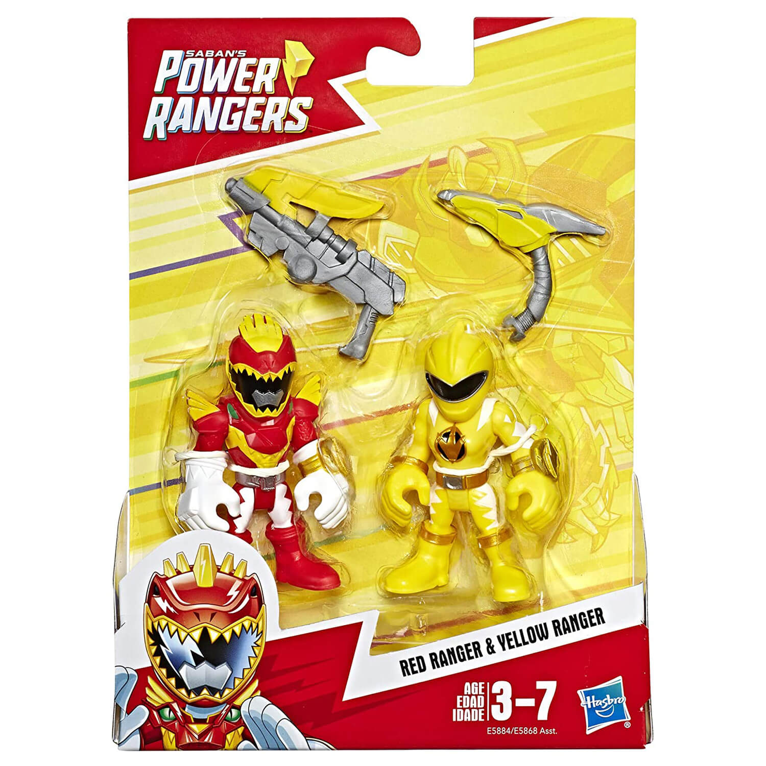 Front view of the Playskool Heroes Power Rangers Red Ranger & Yellow Ranger Figures package.