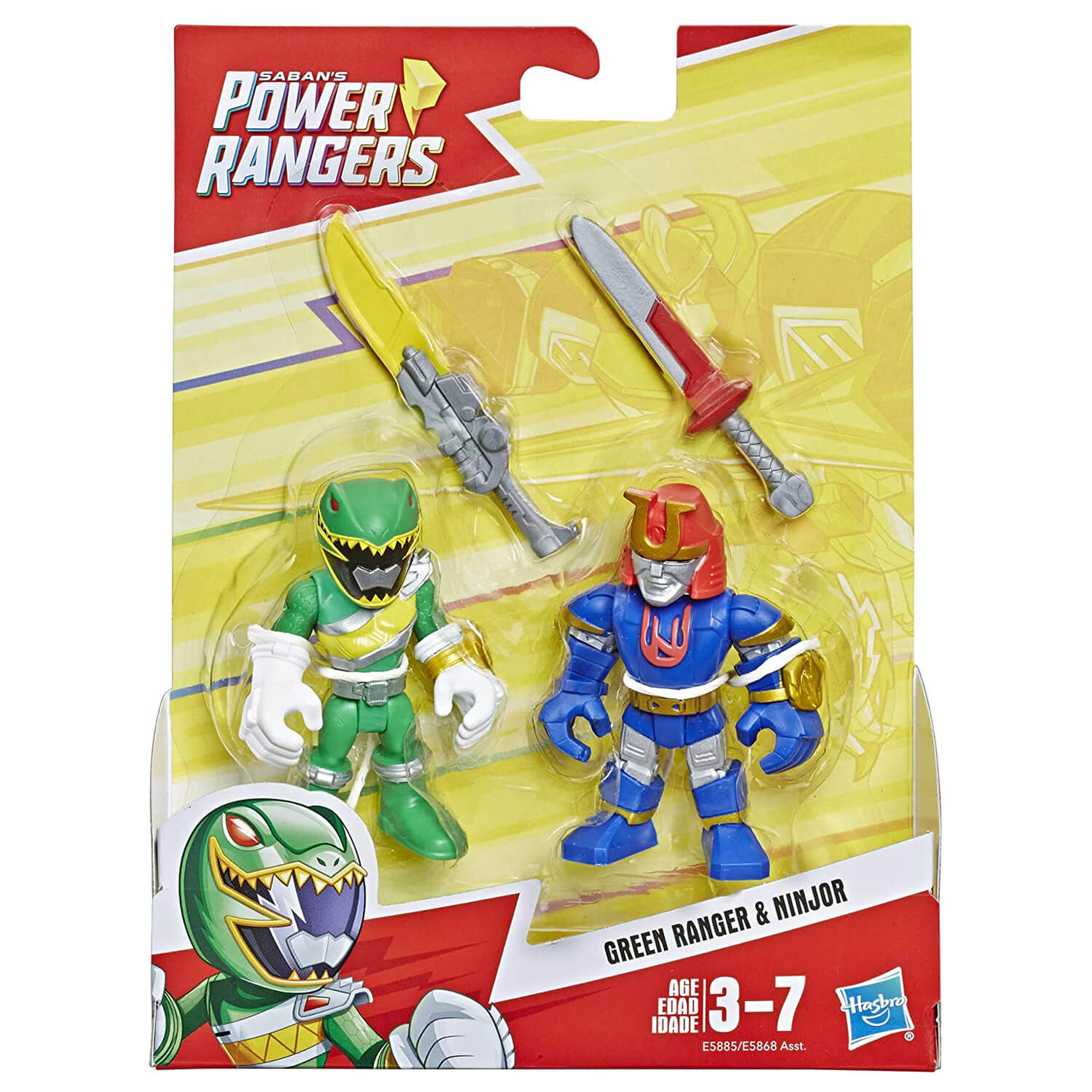 Front view of the Playskool Heroes Power Rangers Green Ranger & Minjor Action Figures package.