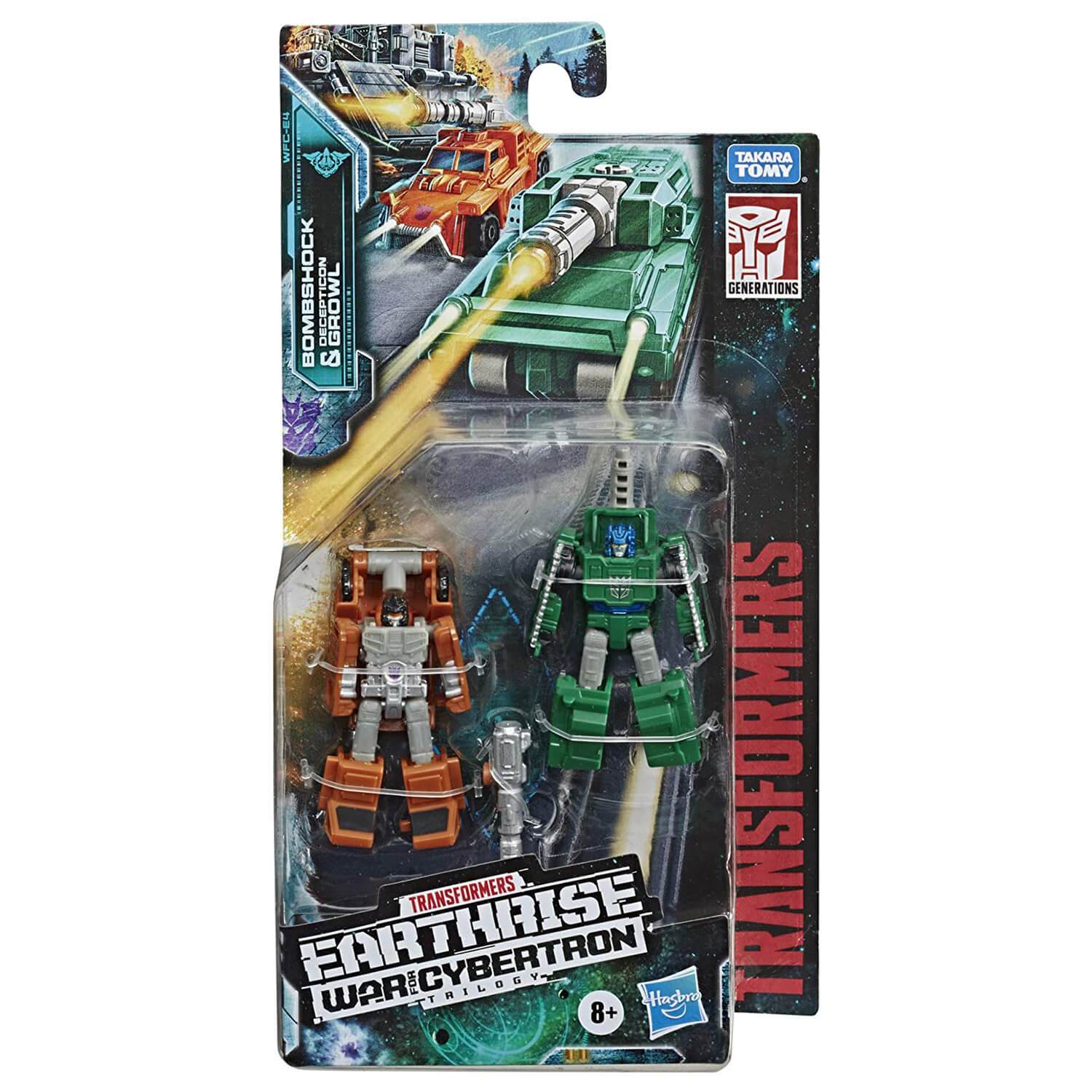 Front view of the Transformers Earthrise War Cybertron Micromasters Bombshock & Growl package.