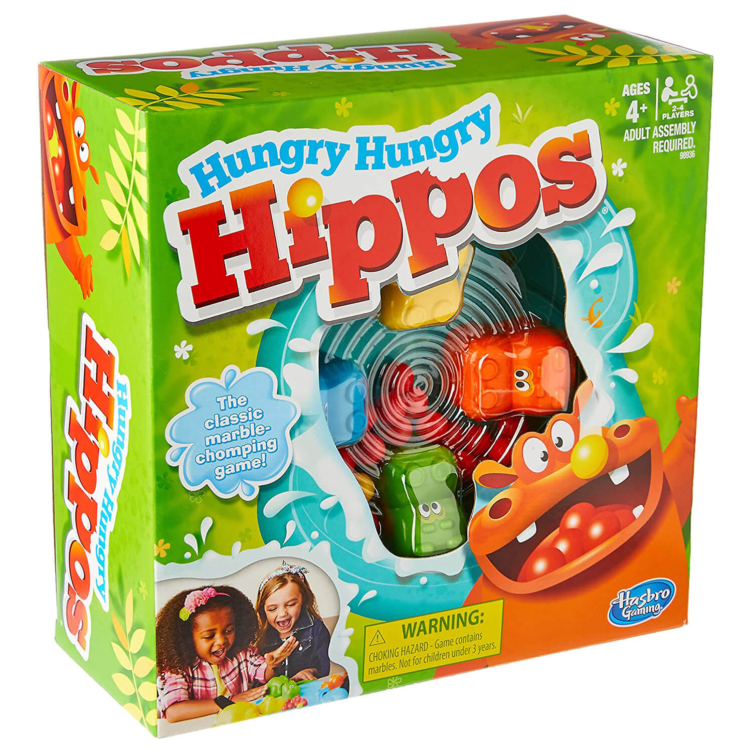 Front view of the Hasbro Hungry Hungry Hippos Game package.