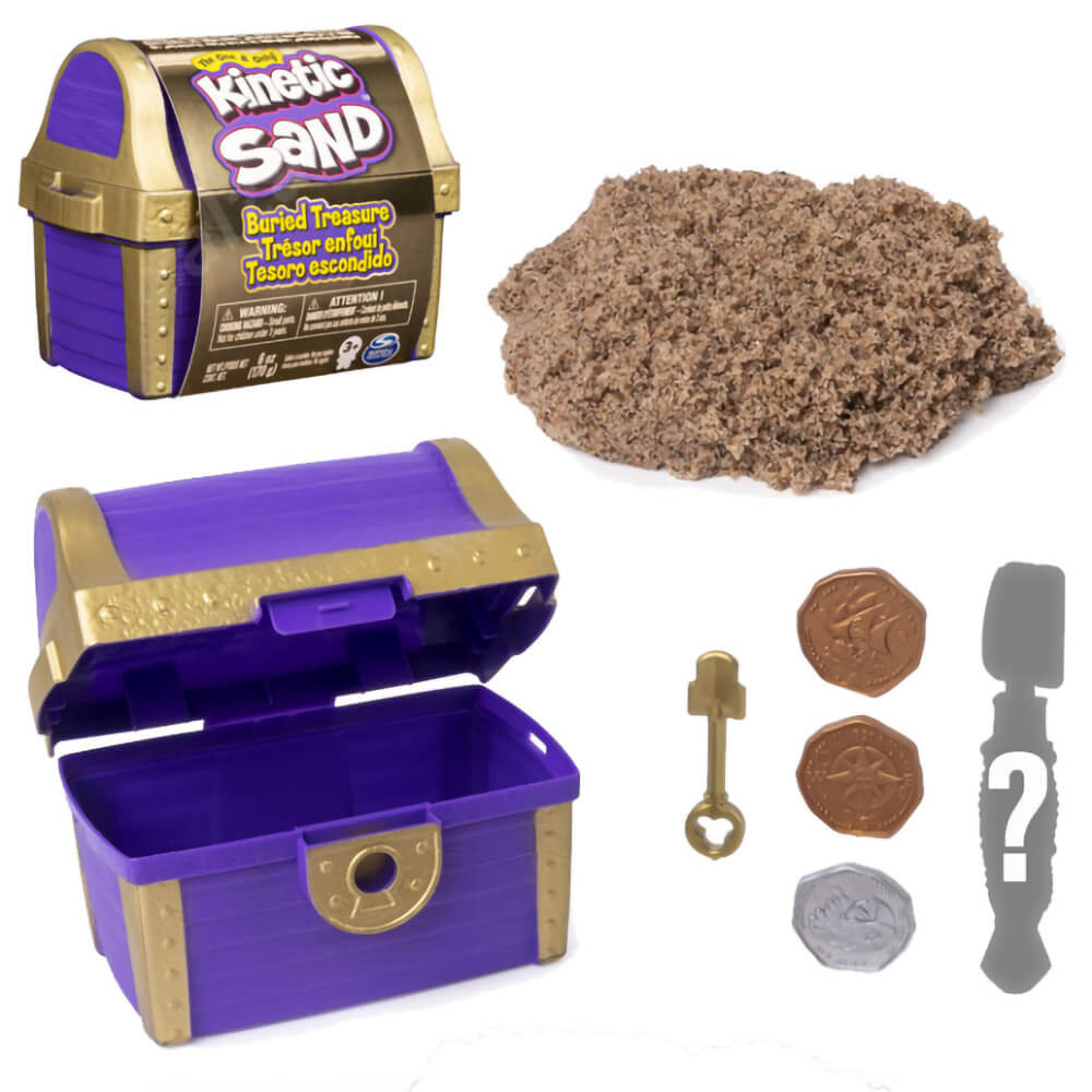 Picture of Kinetic Sand Buried Treasure in package, one open, sand, and treasure. Mystery tool is inside.